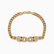 The Signature 14K Yellow Gold Diamond and Emerald Panther Bracelet showcases two panther heads with diamond accents and emerald eyes, facing each other on a gold chain, secured by a clasp.