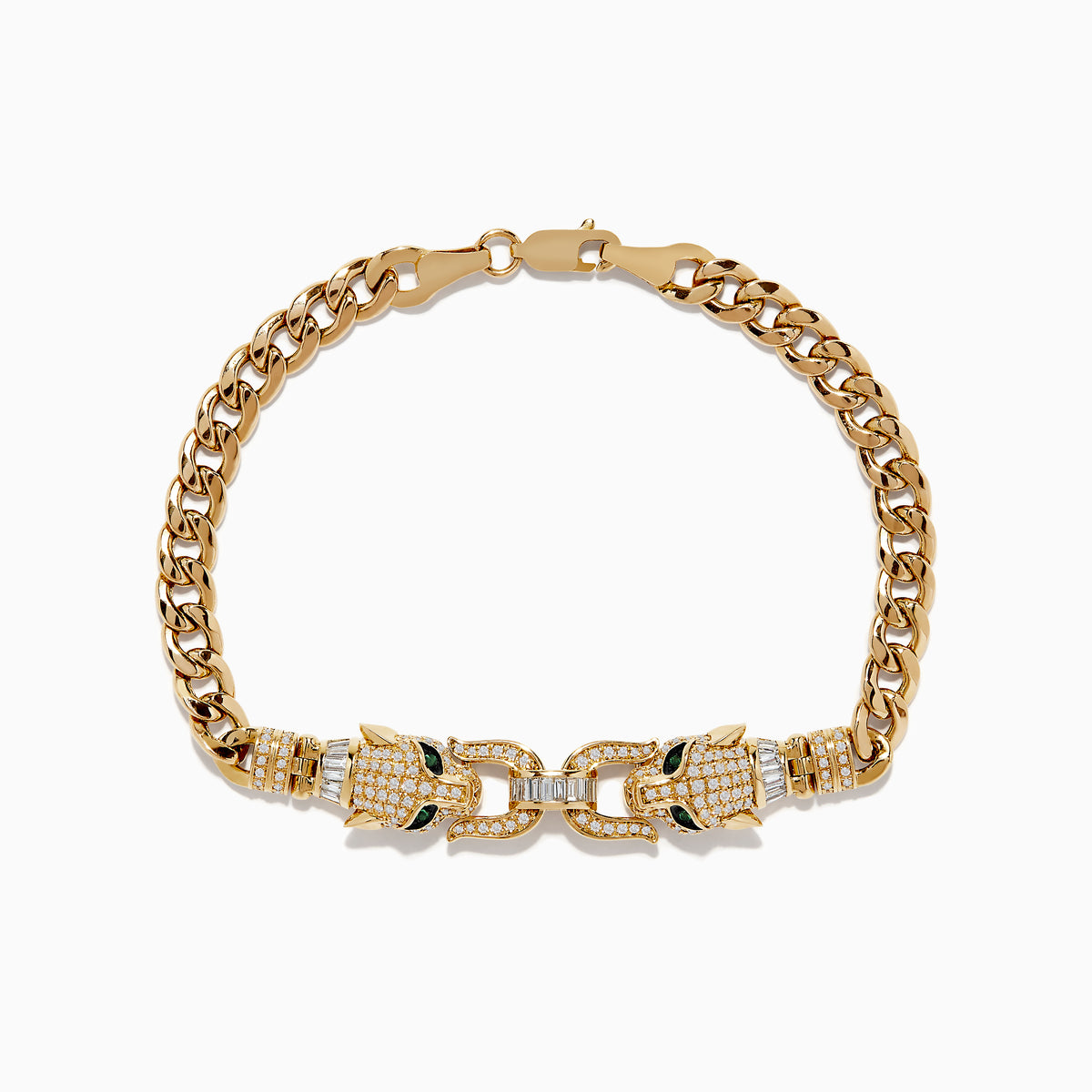 The Signature 14K Yellow Gold Diamond and Emerald Panther Bracelet showcases two panther heads with diamond accents and emerald eyes, facing each other on a gold chain, secured by a clasp.