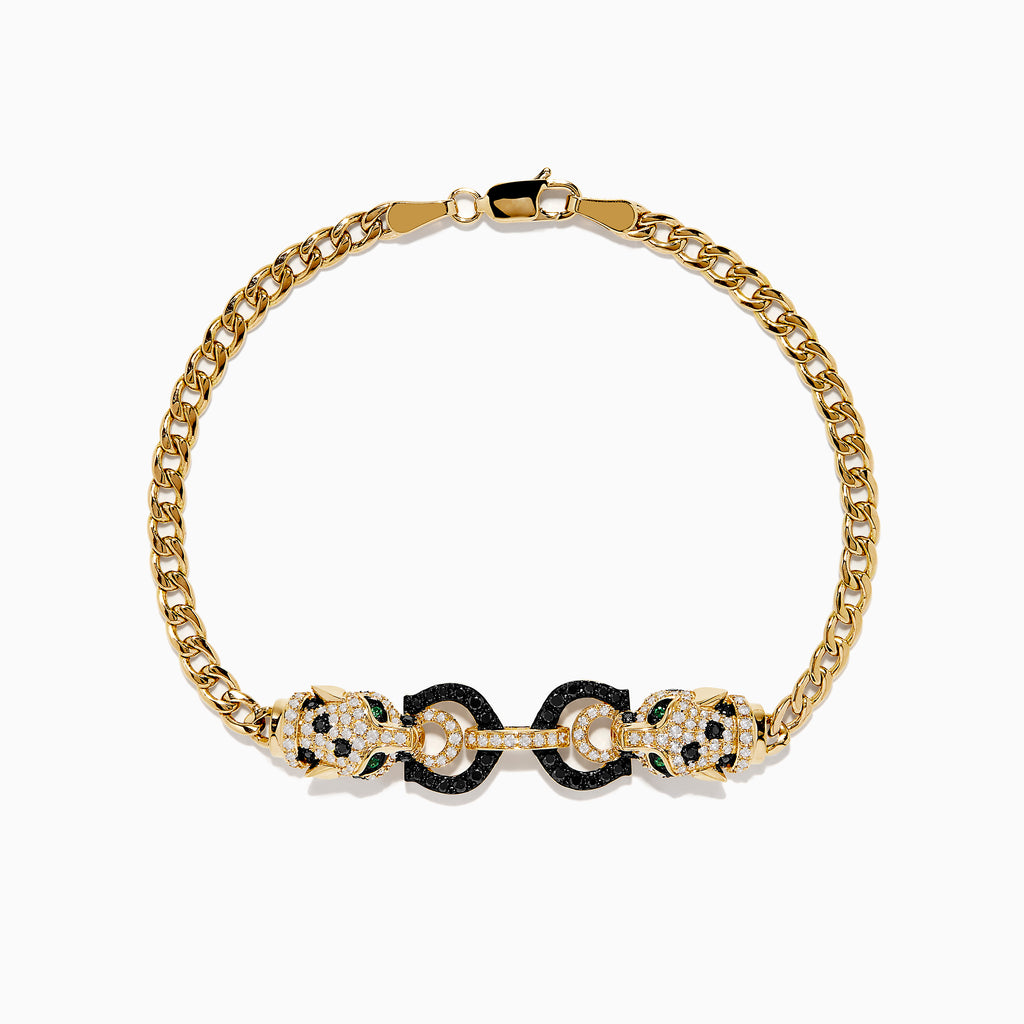 The Signature 14K Yellow Gold Black and White Diamond Panther Bracelet showcases two panther heads with green eyes and diamond accents, joined by black-encrusted circular links.