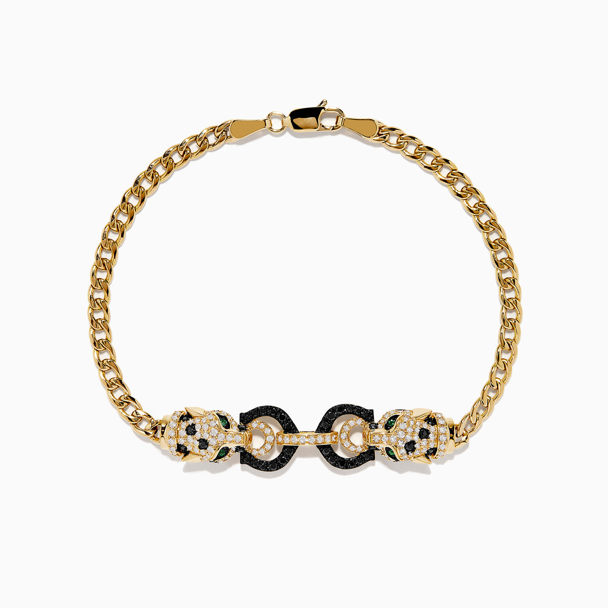 The Signature 14K Yellow Gold Black and White Diamond Panther Bracelet showcases two panther heads with green eyes and diamond accents, joined by black-encrusted circular links.