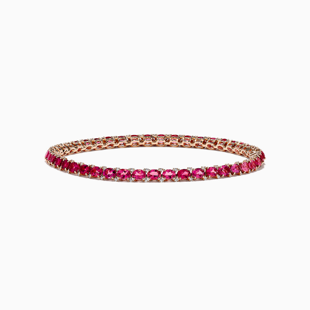 A slim 14k rose gold tennis bracelet featuring oval pink tourmalines and rubies totaling 6.56 TCW, set in a single row and displayed on a white background.