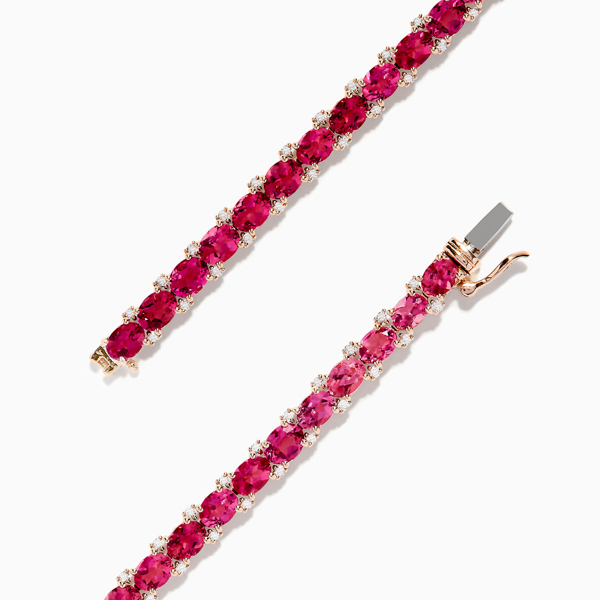 A slim 14k rose gold tennis bracelet featuring oval pink tourmalines and rubies totaling 6.56 TCW, set in a single row and displayed on a white background.