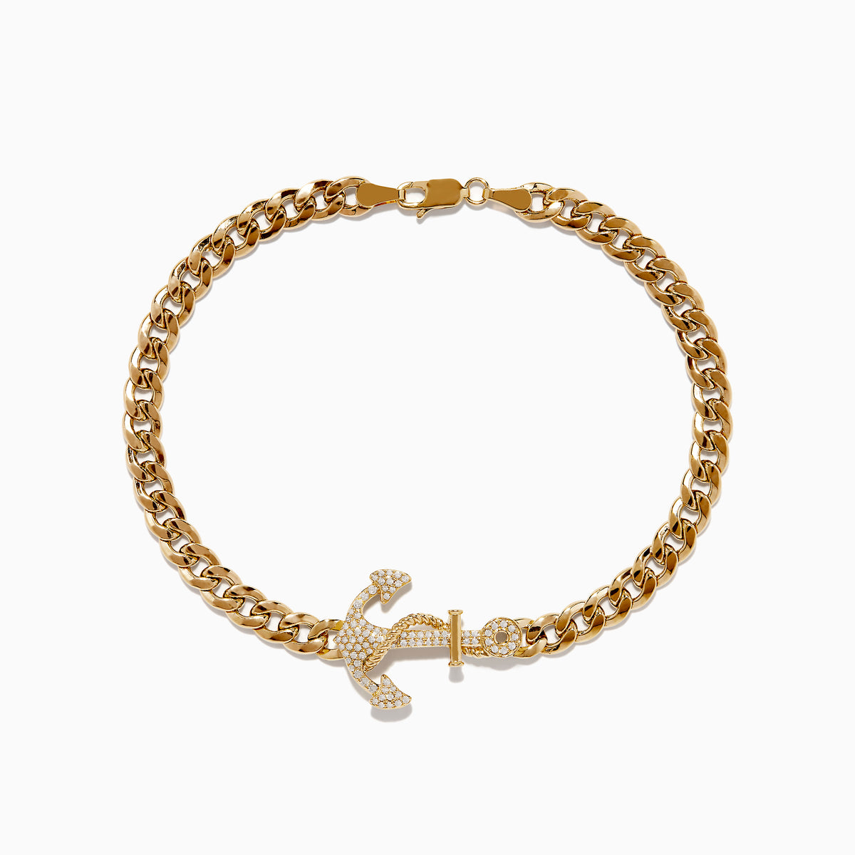 The Mens 14K Yellow Gold Diamond Anchor Chain Bracelet features a bold anchor design encrusted with sparkling diamonds, inspired by classic styles and serving as the central element on a chunky gold chain.
