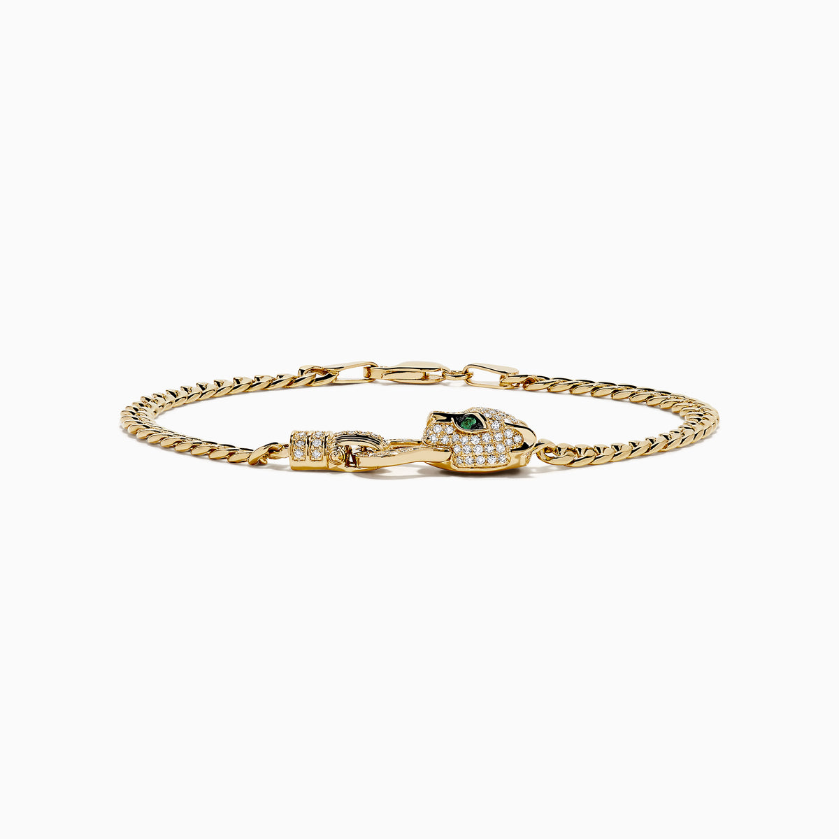 The Signature 14K Yellow Gold Diamond and Emerald Panther Cuban Link Bracelet features a panther head with green emerald eyes and sparkling diamonds on the clasp, showcased against a white background.