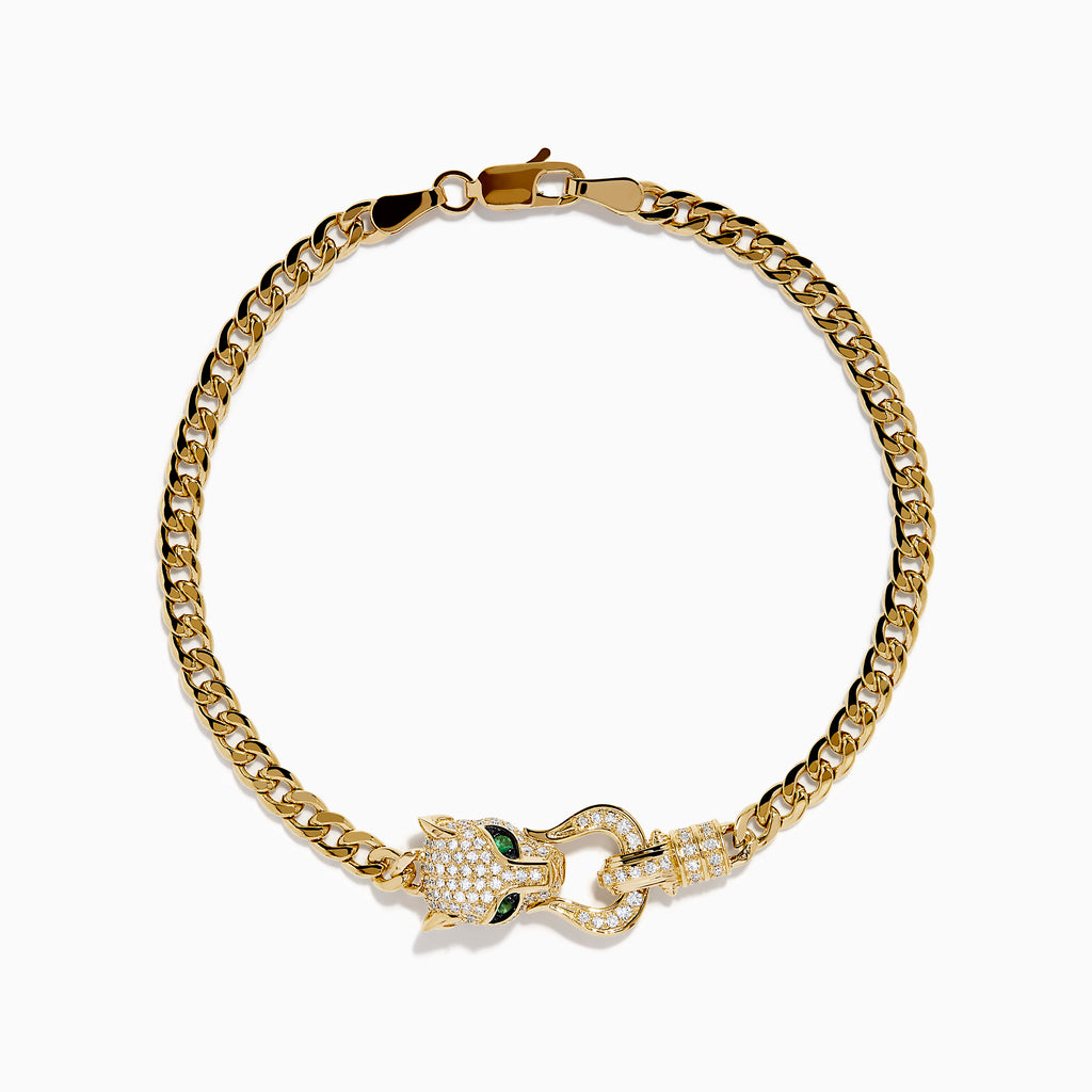 The Signature 14K Yellow Gold Diamond and Emerald Panther Cuban Link Bracelet features a panther head with green emerald eyes and sparkling diamonds on the clasp, showcased against a white background.