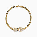 The Signature 14K Yellow Gold Diamond and Emerald Panther Cuban Link Bracelet features a panther head with green emerald eyes and sparkling diamonds on the clasp, showcased against a white background.