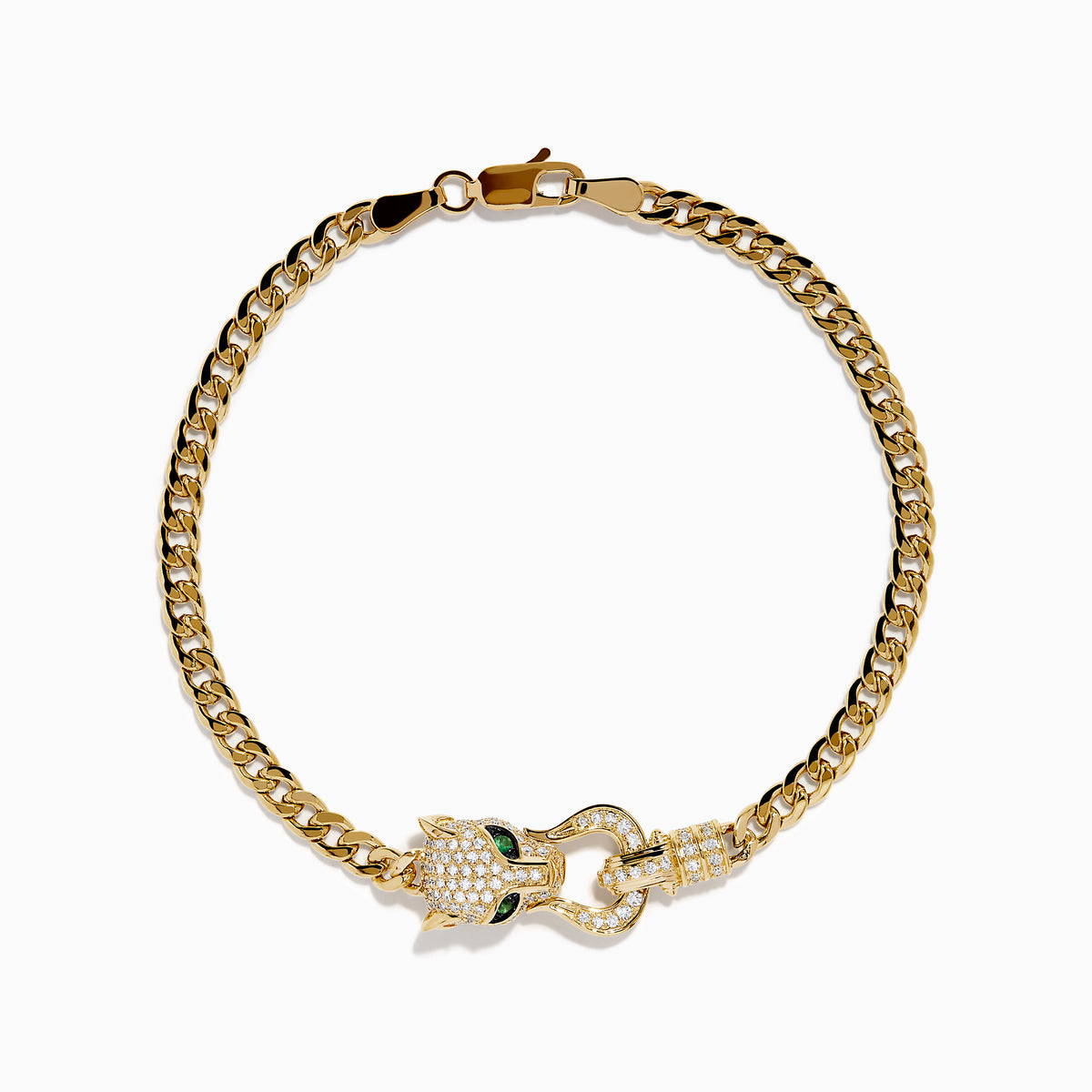 The Signature 14K Yellow Gold Diamond and Emerald Panther Cuban Link Bracelet features a panther head with green emerald eyes and sparkling diamonds on the clasp, showcased against a white background.