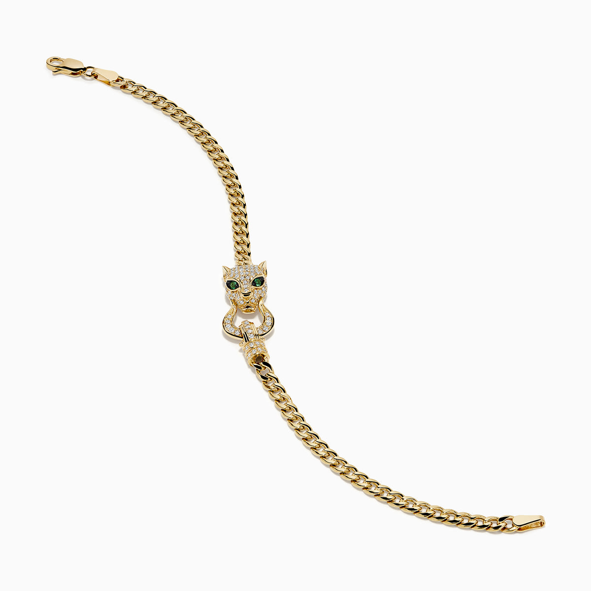 The Signature 14K Yellow Gold Diamond and Emerald Panther Cuban Link Bracelet features a panther head with green emerald eyes and sparkling diamonds on the clasp, showcased against a white background.