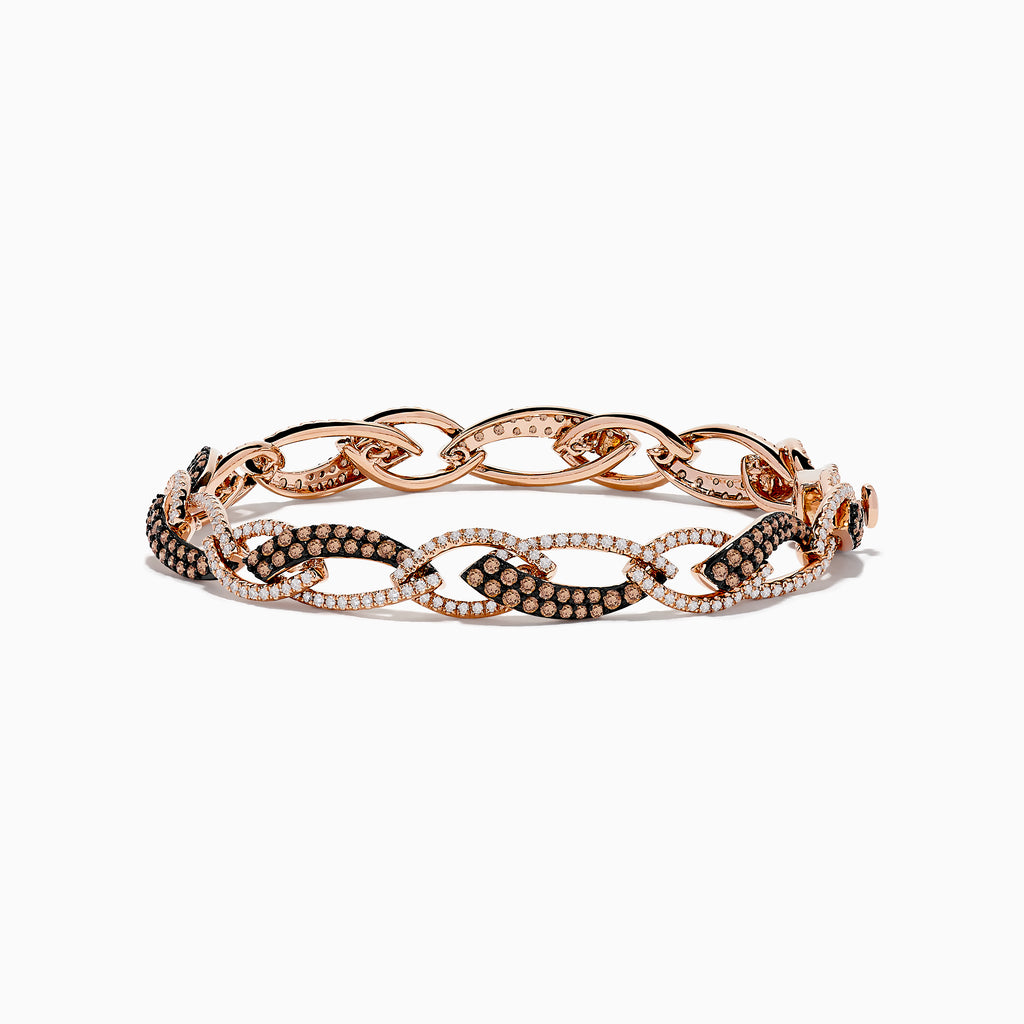 The 14K Rose Gold Espresso and White Diamond Tennis Bracelet 3.33 TCW features alternating links encrusted with sparkling espresso and white diamonds, creating an elegant, shimmering pattern against a rose gold setting.