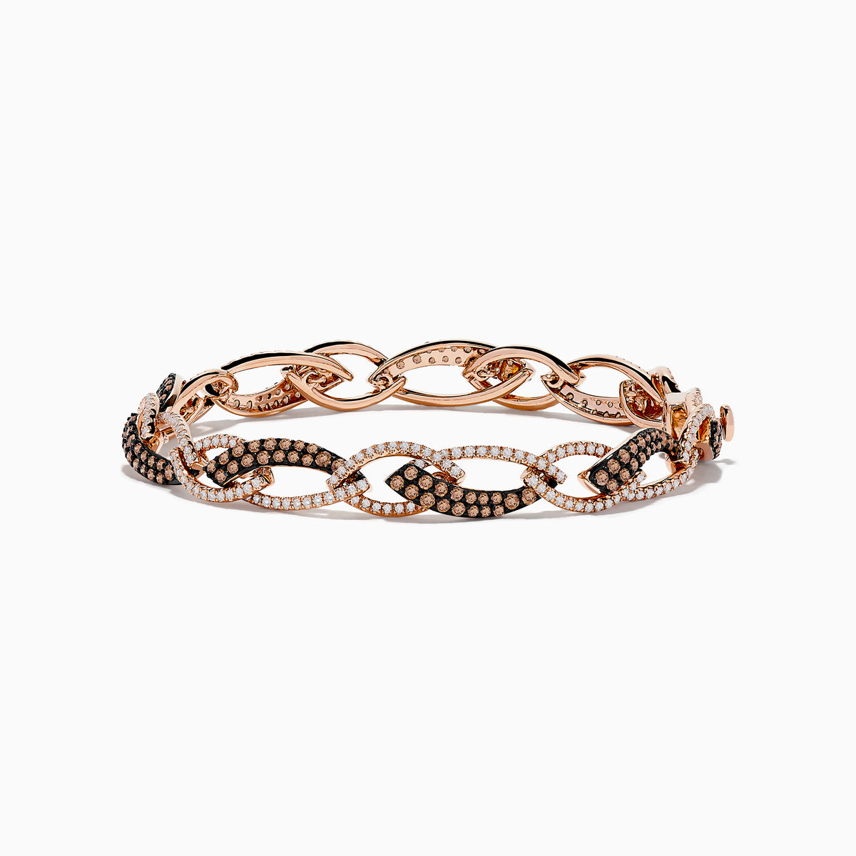 The 14K Rose Gold Espresso and White Diamond Tennis Bracelet 3.33 TCW features alternating links encrusted with sparkling espresso and white diamonds, creating an elegant, shimmering pattern against a rose gold setting.