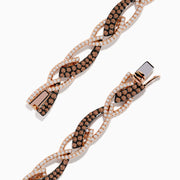 The 14K Rose Gold Espresso and White Diamond Tennis Bracelet 3.33 TCW features alternating links encrusted with sparkling espresso and white diamonds, creating an elegant, shimmering pattern against a rose gold setting.