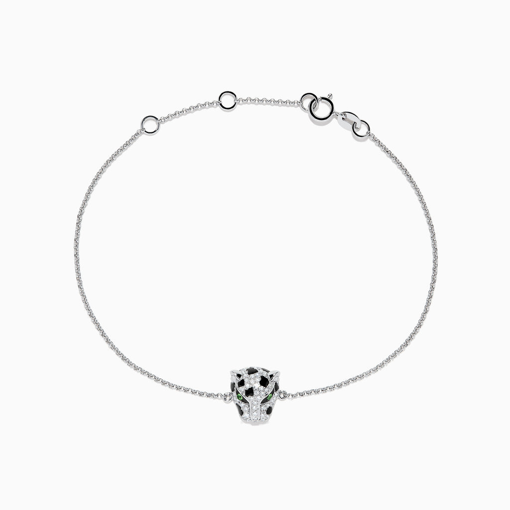 The Signature 14K White Gold Diamond and Emerald Panther Bracelet features a delicate panther head charm with emerald and diamond accents, shown on a plain white background.