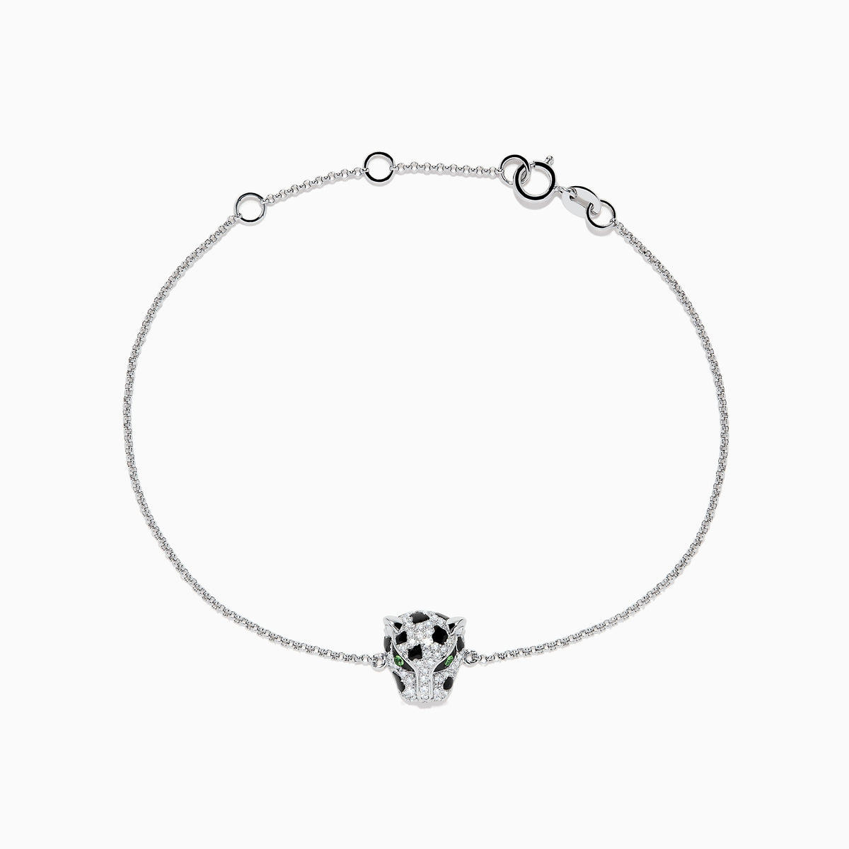 The Signature 14K White Gold Diamond and Emerald Panther Bracelet features a delicate panther head charm with emerald and diamond accents, shown on a plain white background.