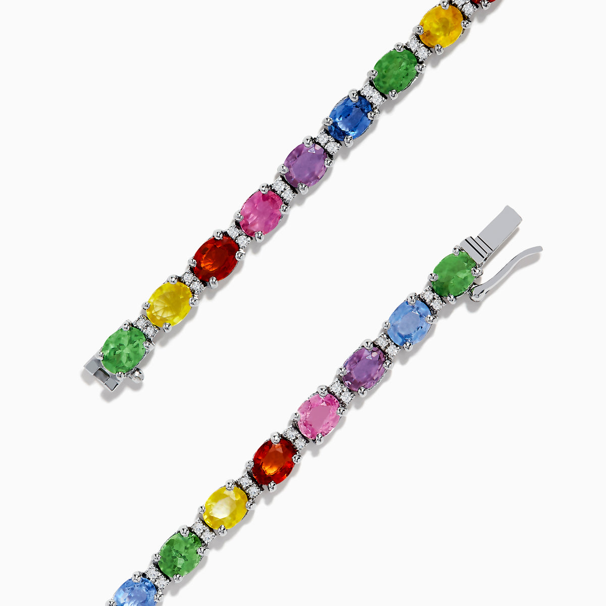 The Watercolors 14K White Gold Multi Sapphire and Diamond Tennis Bracelet features a thin band with colorful round sapphires in pink, blue, green, yellow, and orange set in a repeating pattern.