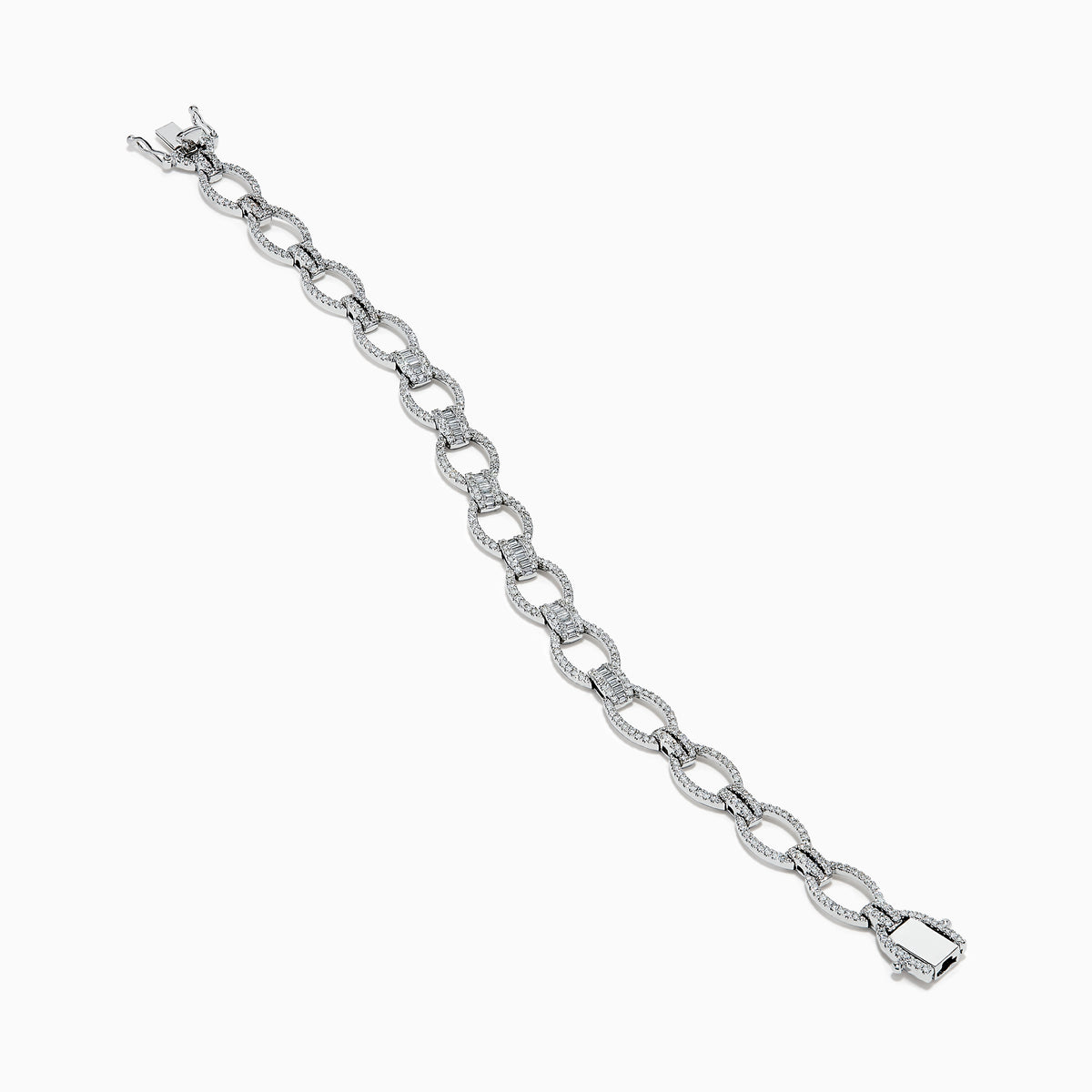 The 14K White Gold Diamond Oval Chain-Link Bracelet showcases a modern and elegant design, featuring alternating smooth and diamond-encrusted oval links, displayed on a white background.