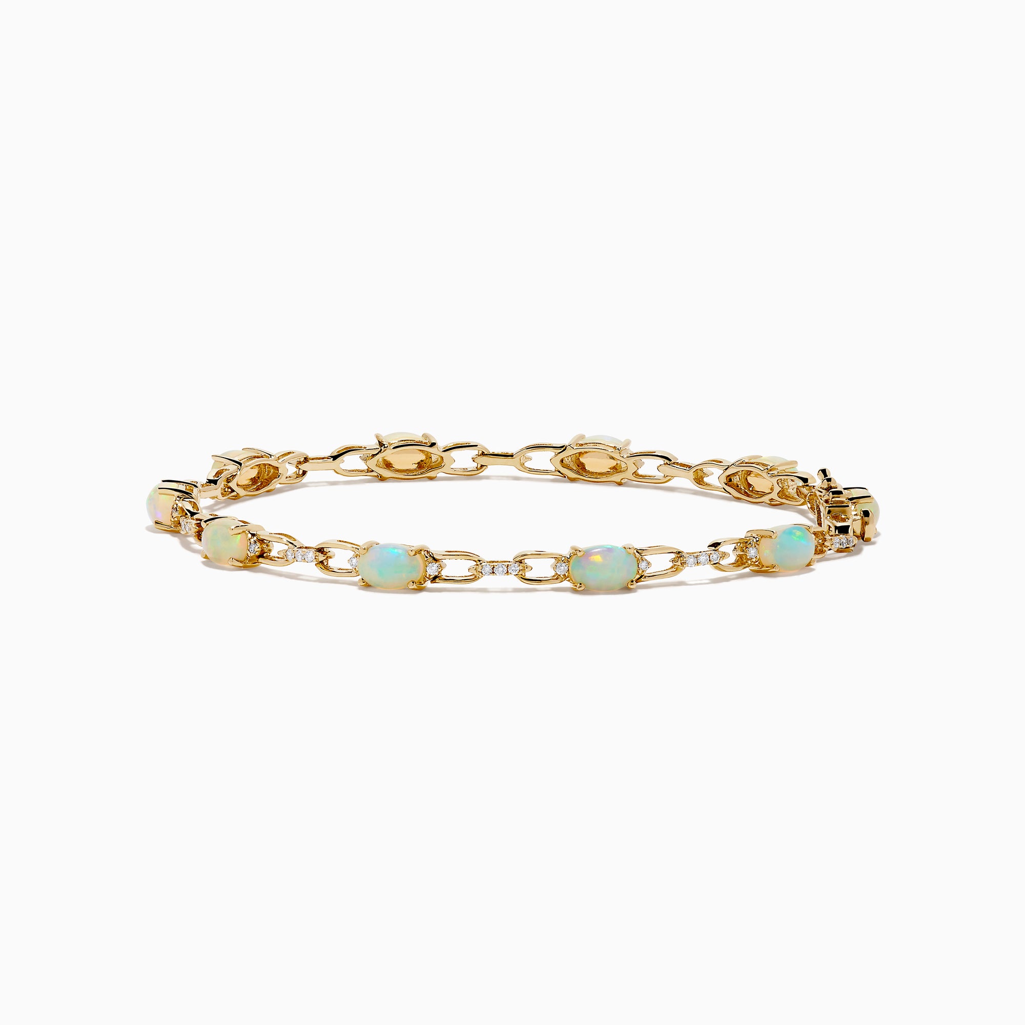 The Aurora 14K Yellow Gold Opal and Diamond Bracelet features evenly spaced round opals in individual links, accented with diamonds for a refined and elegant accessory.