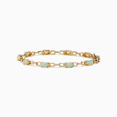 The Aurora 14K Yellow Gold Opal and Diamond Bracelet features evenly spaced round opals in individual links, accented with diamonds for a refined and elegant accessory.