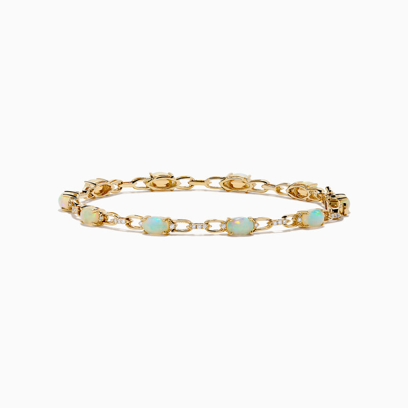 The Aurora 14K Yellow Gold Opal and Diamond Bracelet features evenly spaced round opals in individual links, accented with diamonds for a refined and elegant accessory.