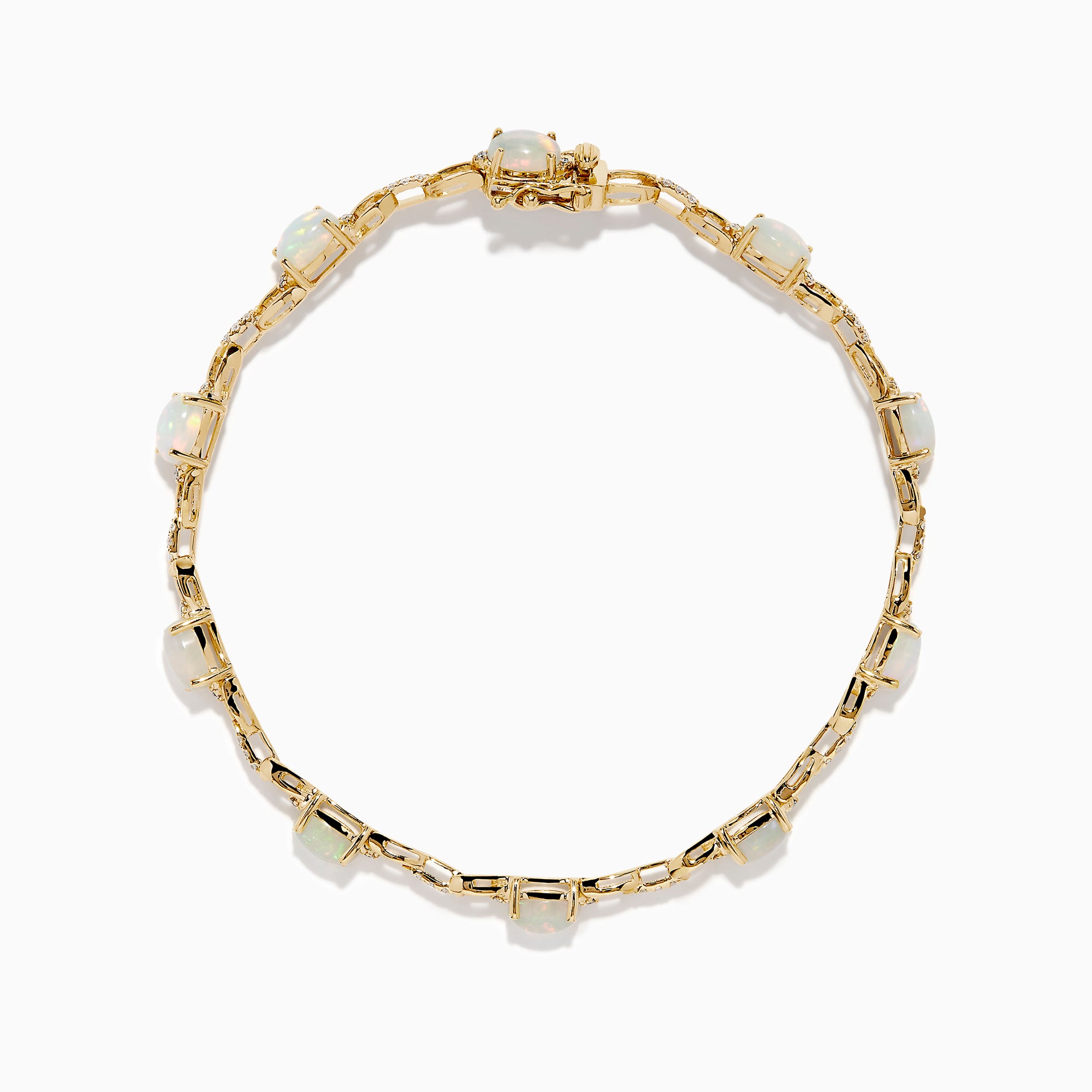 The Aurora 14K Yellow Gold Opal and Diamond Bracelet features evenly spaced round opals in individual links, accented with diamonds for a refined and elegant accessory.