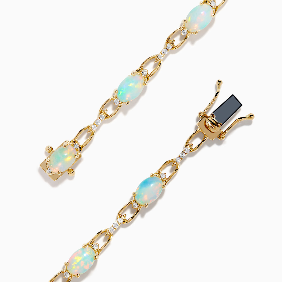 The Aurora 14K Yellow Gold Opal and Diamond Bracelet features evenly spaced round opals in individual links, accented with diamonds for a refined and elegant accessory.