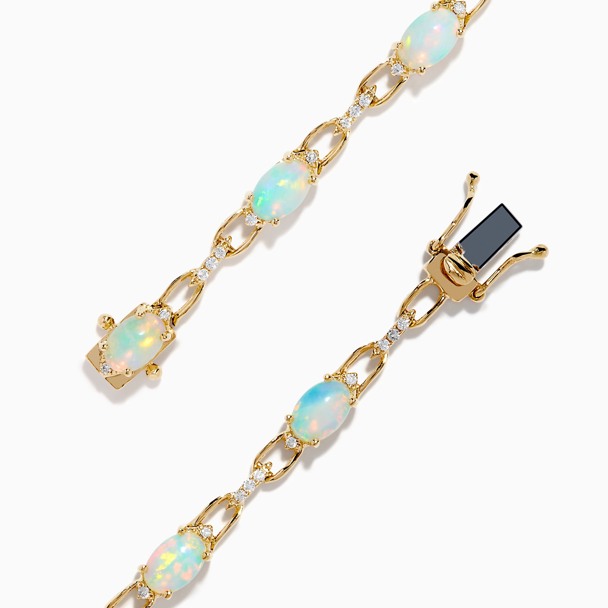 The Aurora 14K Yellow Gold Opal and Diamond Bracelet features evenly spaced round opals in individual links, accented with diamonds for a refined and elegant accessory.
