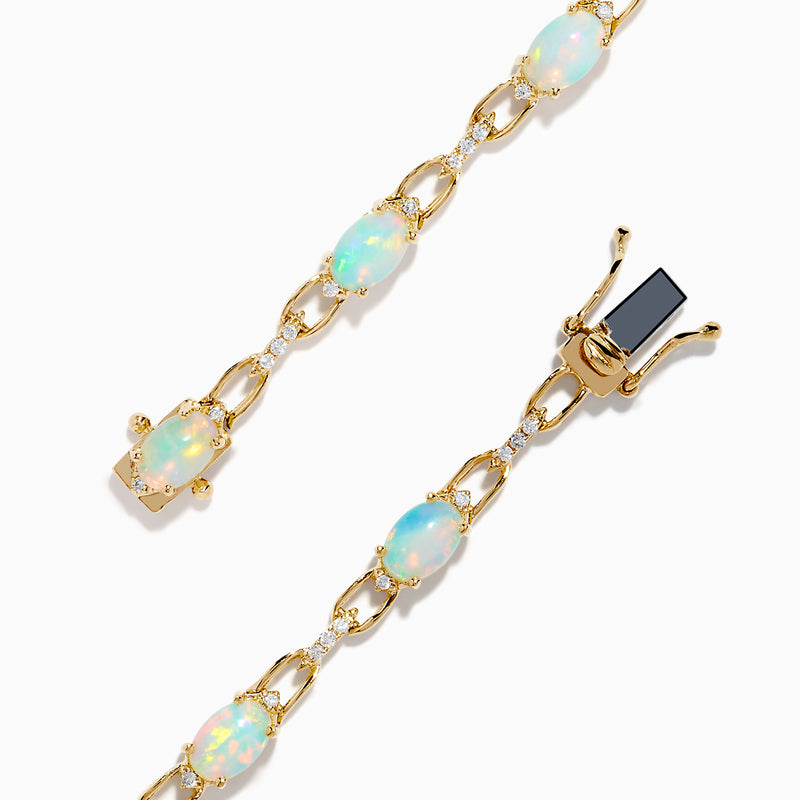 The Aurora 14K Yellow Gold Opal and Diamond Bracelet features evenly spaced round opals in individual links, accented with diamonds for a refined and elegant accessory.