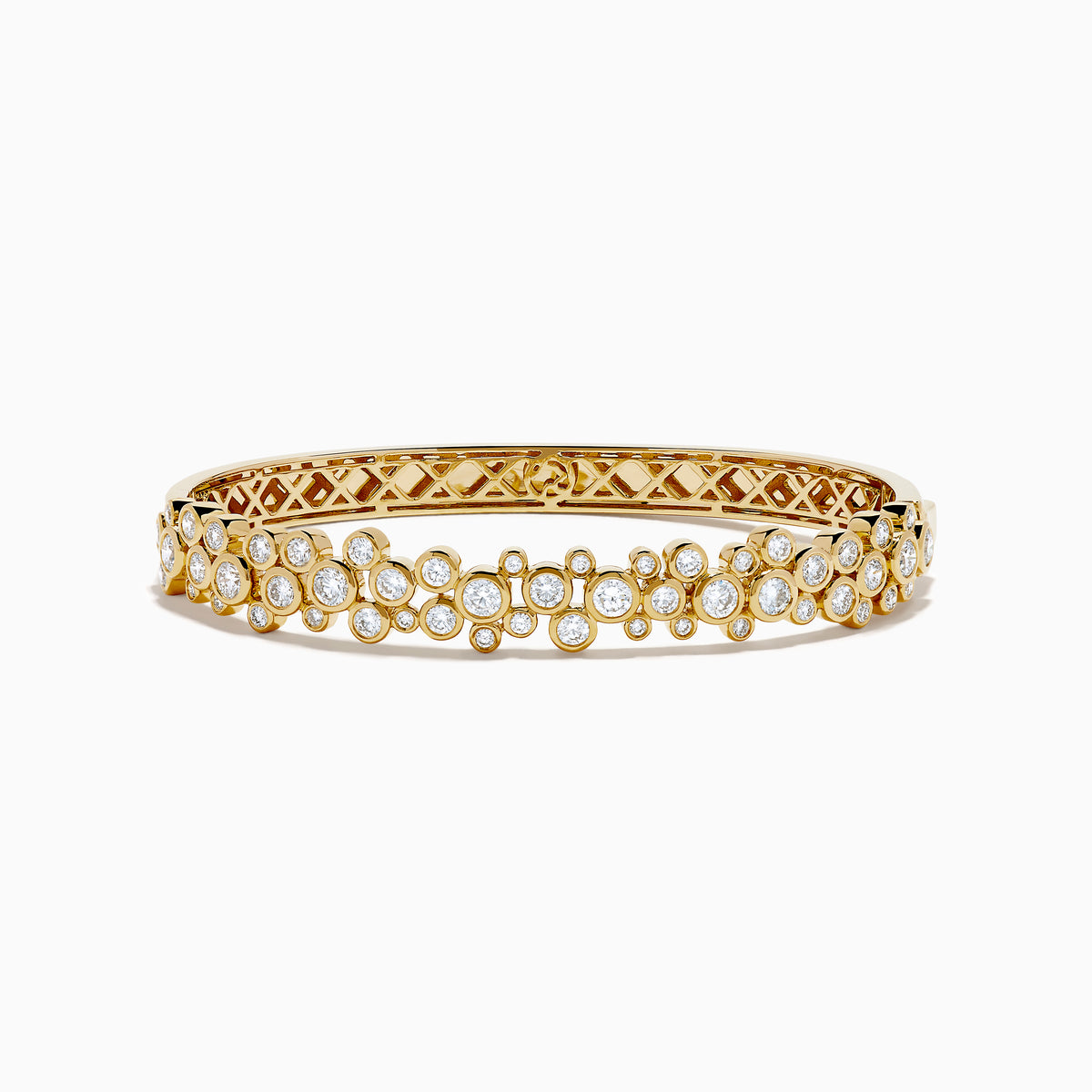 The Lab Grown Round Diamond 2.88ct Bubble Bangle in 14K Yellow Gold features clustered round diamonds and an intricate open lattice inner design.
