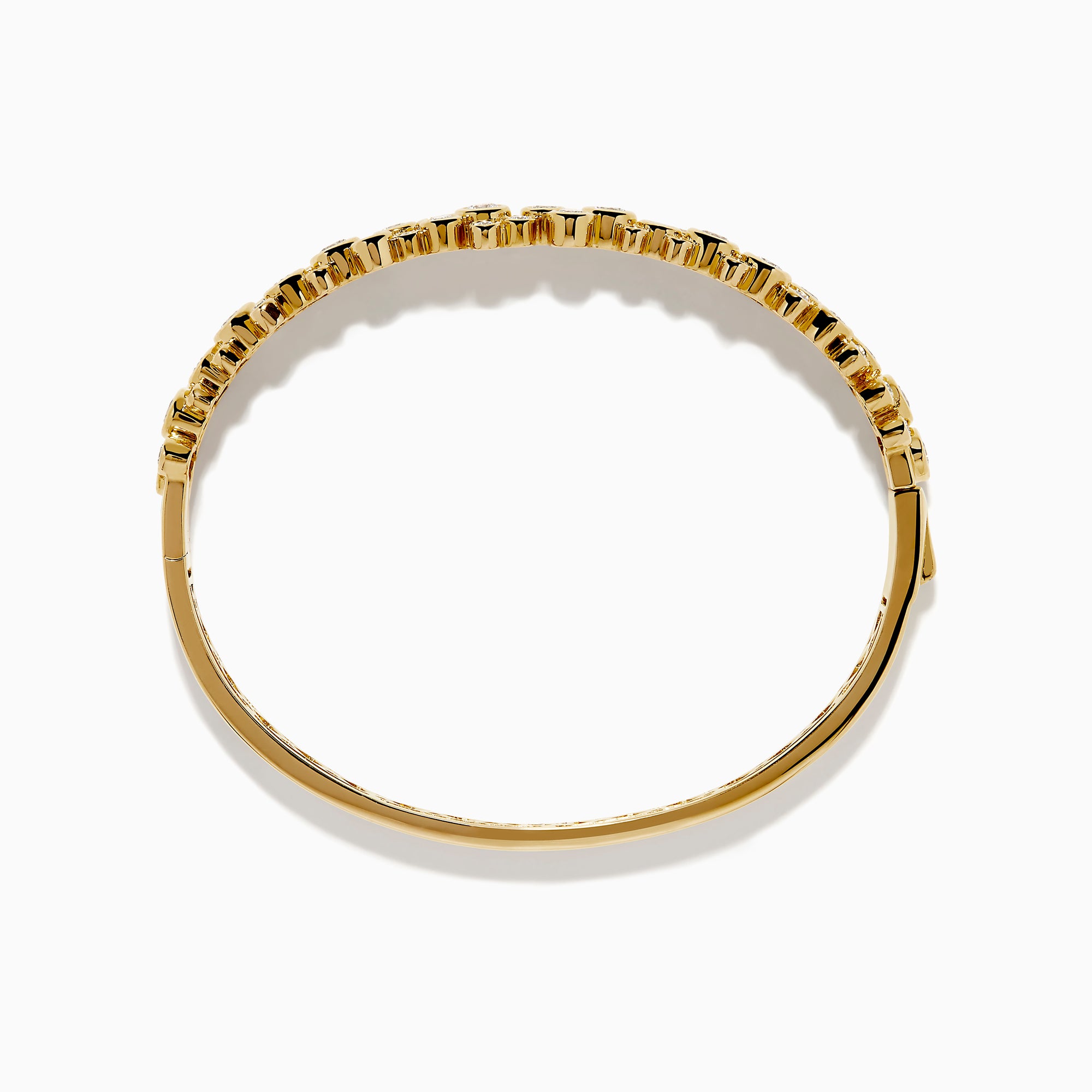 The Lab Grown Round Diamond 2.88ct Bubble Bangle in 14K Yellow Gold features clustered round diamonds and an intricate open lattice inner design.