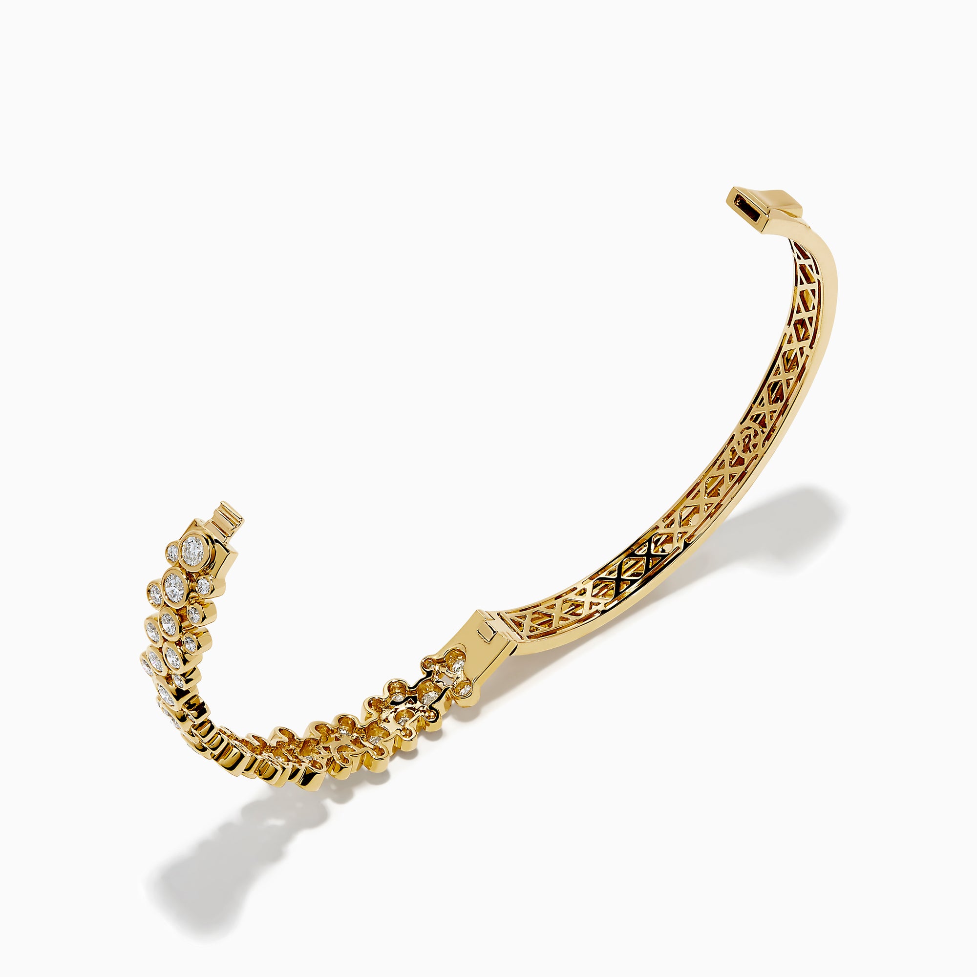 The Lab Grown Round Diamond 2.88ct Bubble Bangle in 14K Yellow Gold features clustered round diamonds and an intricate open lattice inner design.