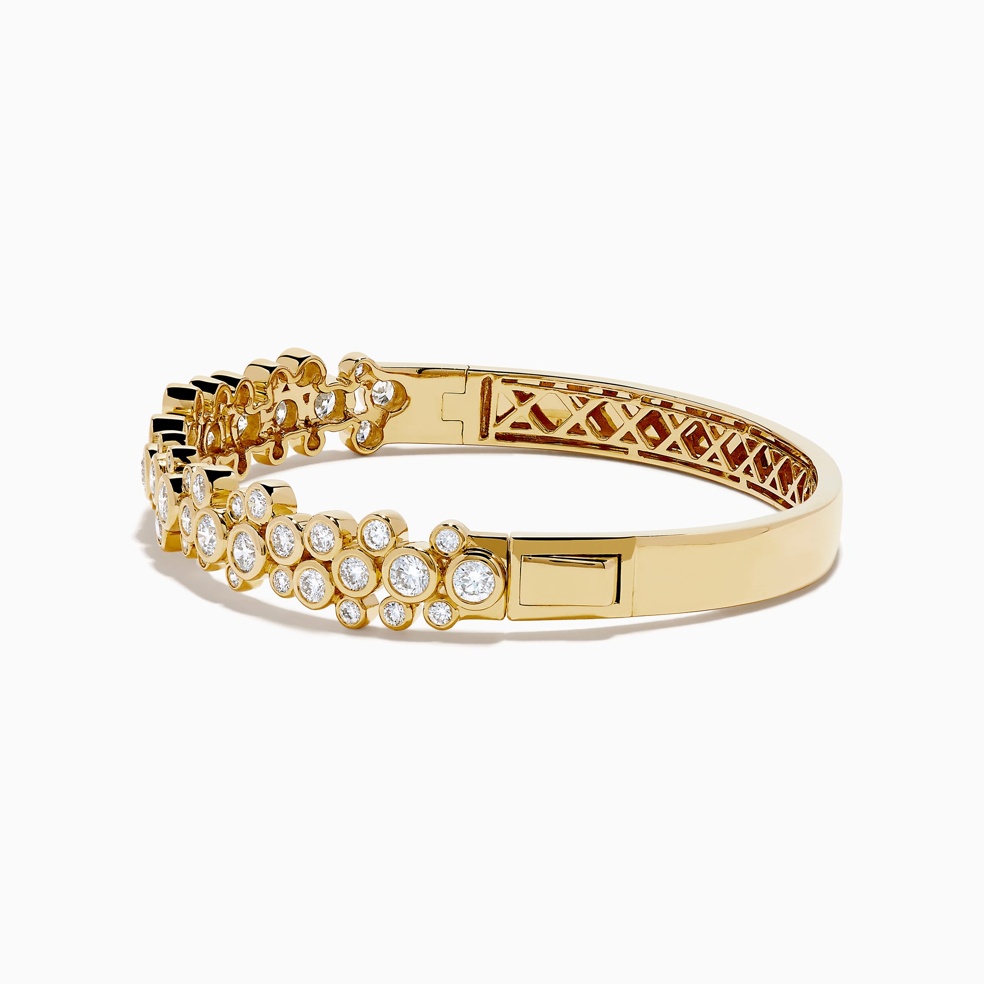 The Lab Grown Round Diamond 2.88ct Bubble Bangle in 14K Yellow Gold features clustered round diamonds and an intricate open lattice inner design.