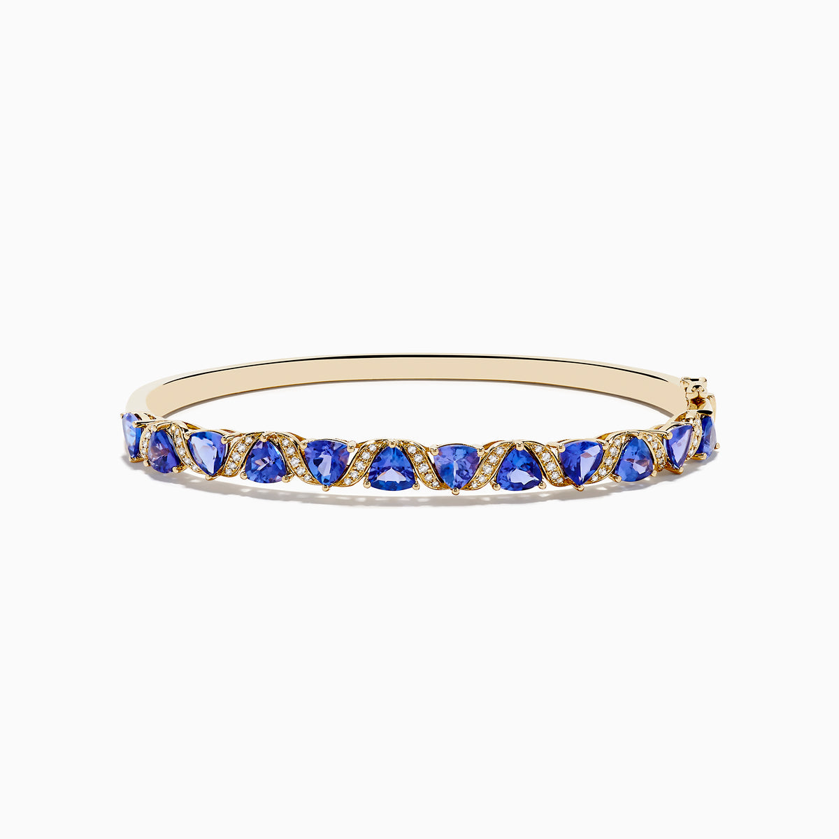 The Nahla 14K Yellow Gold Tanzanite and Diamond Bangle features alternating triangular tanzanite stones and sparkling diamonds in a repeating pattern along the gold band.