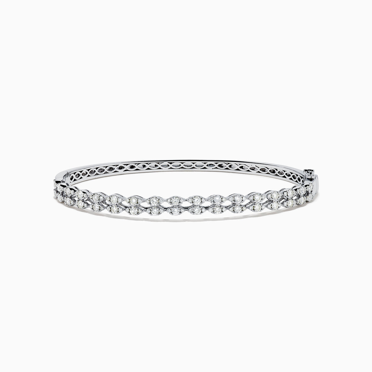 The 14K White Gold Diamond Bangle features two rows of diamonds and a delicate openwork pattern on the inner side.