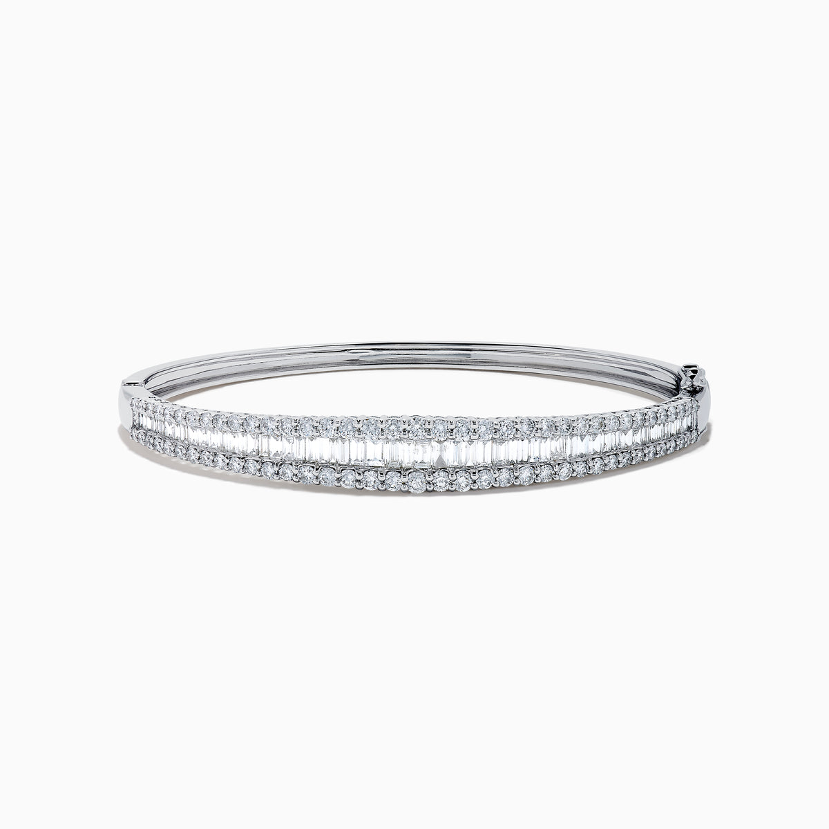 The Classique 14K White Gold Diamond Bangle features two rows of round diamonds and a central row of baguette-cut diamonds, elegantly set against a plain white background.