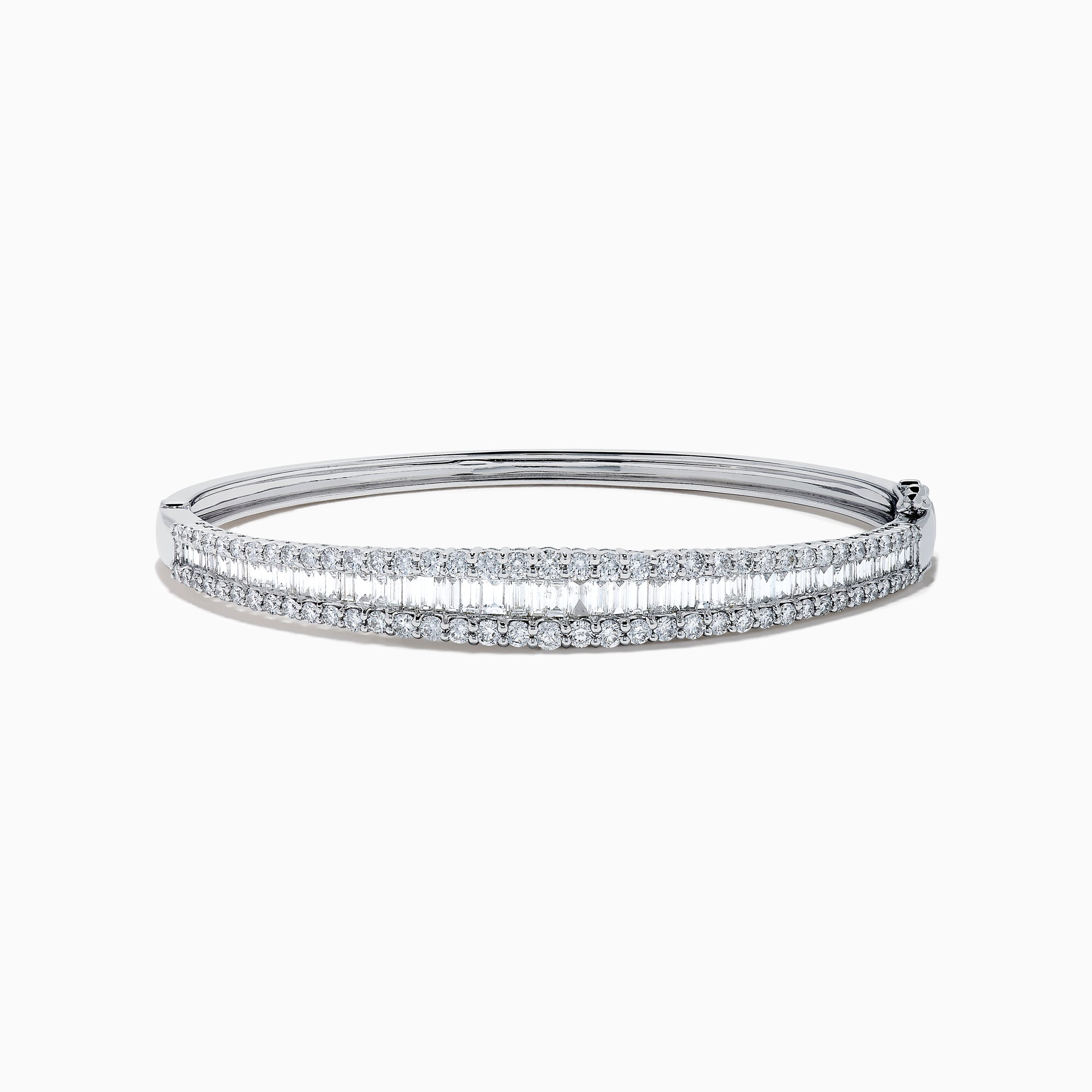 The Classique 14K White Gold Diamond Bangle features two rows of round diamonds and a central row of baguette-cut diamonds, elegantly set against a plain white background.