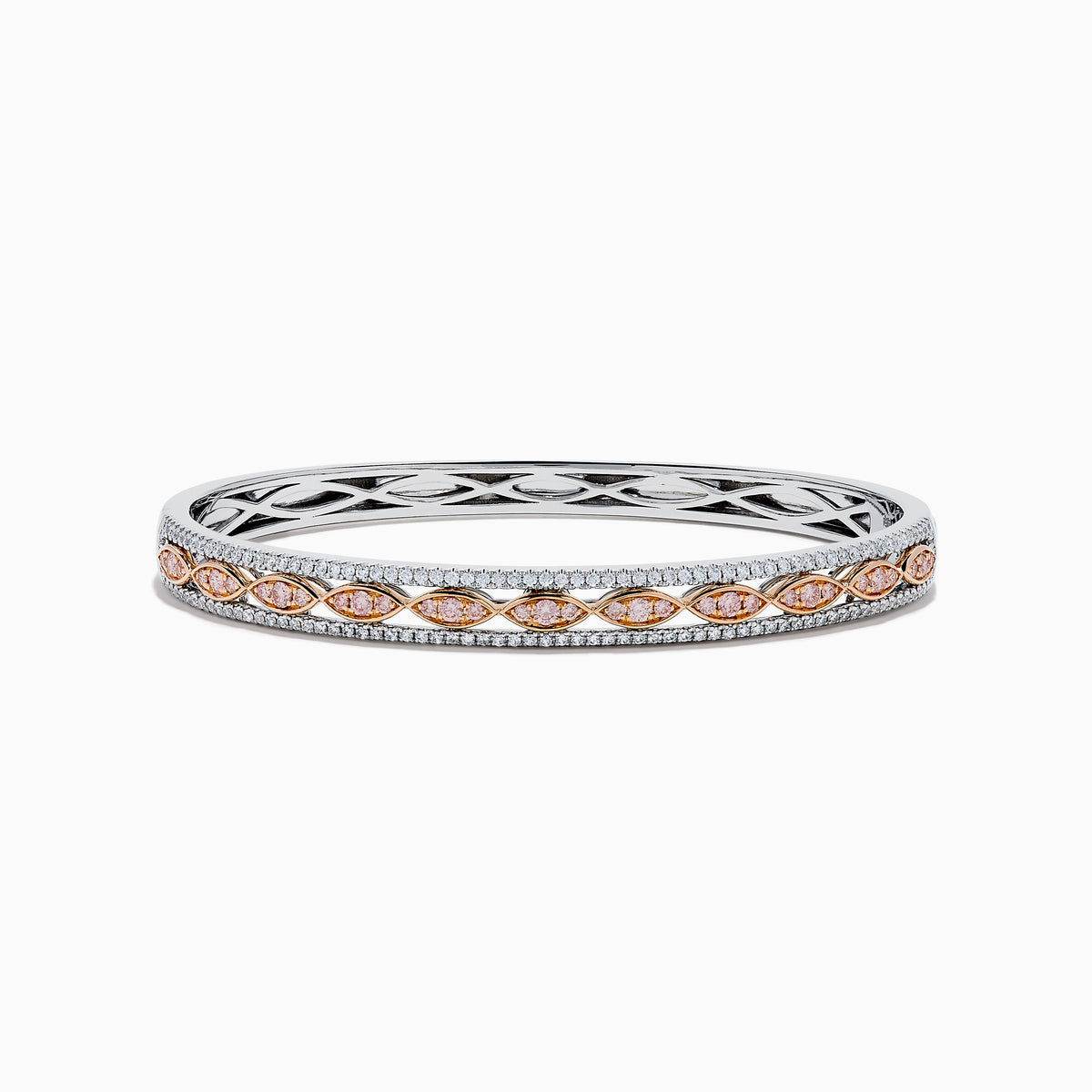The 14K Two-Tone Gold Pink and White Diamond Bangle features marquise-shaped rose gold accents with pink gemstones, bordered by round white diamonds and an intricate inner openwork design.