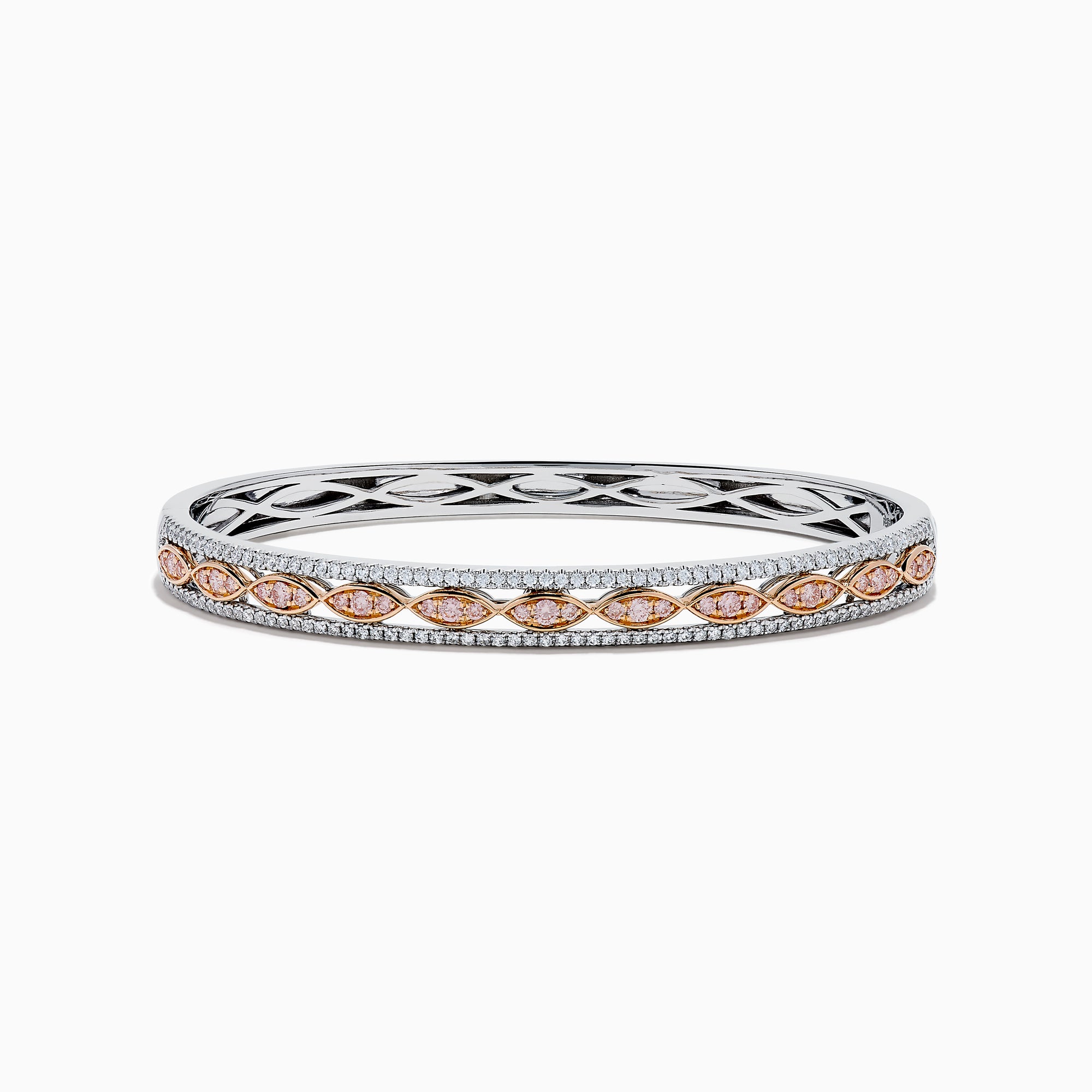 The 14K Two-Tone Gold Pink and White Diamond Bangle features marquise-shaped rose gold accents with pink gemstones, bordered by round white diamonds and an intricate inner openwork design.