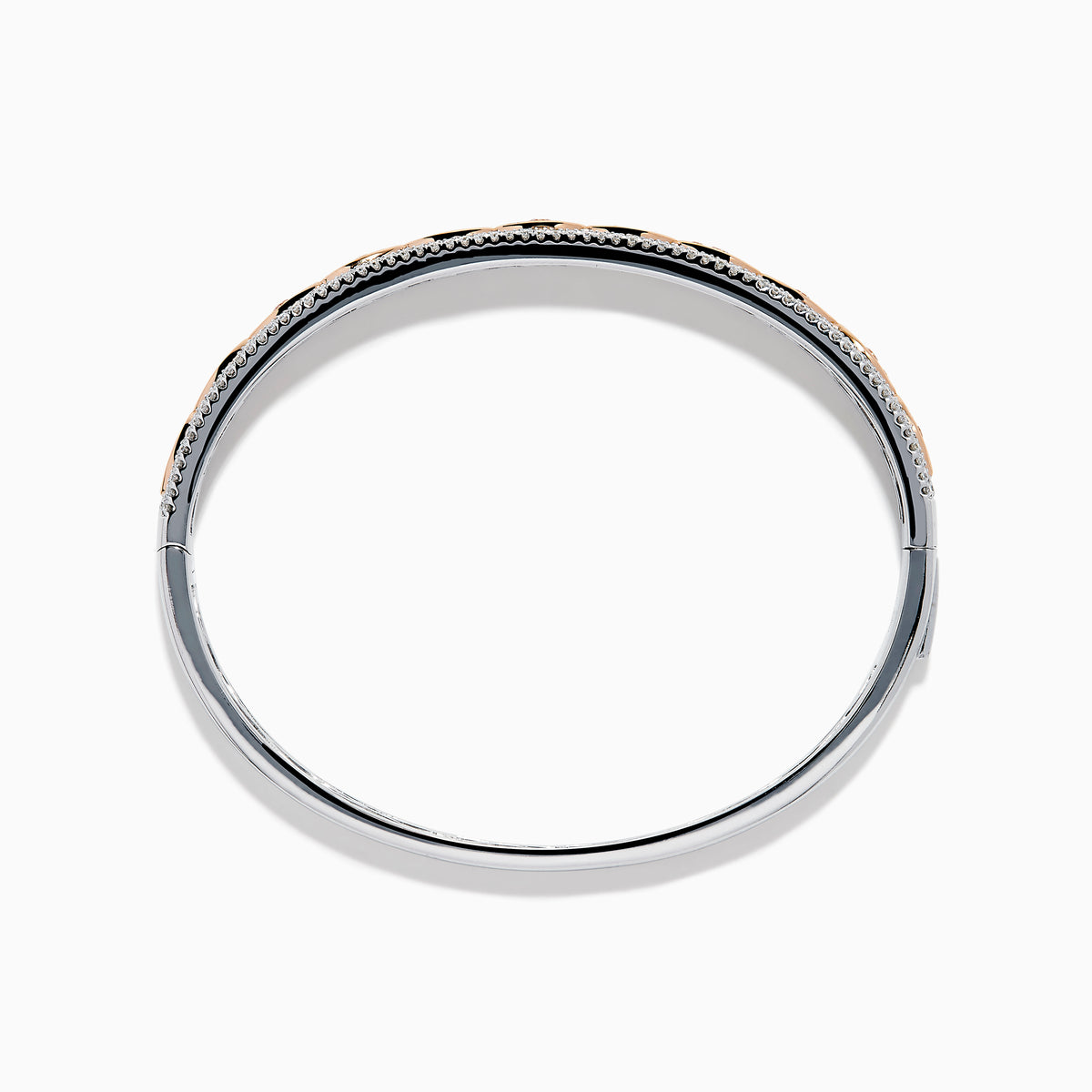The 14K Two-Tone Gold Pink and White Diamond Bangle features marquise-shaped rose gold accents with pink gemstones, bordered by round white diamonds and an intricate inner openwork design.