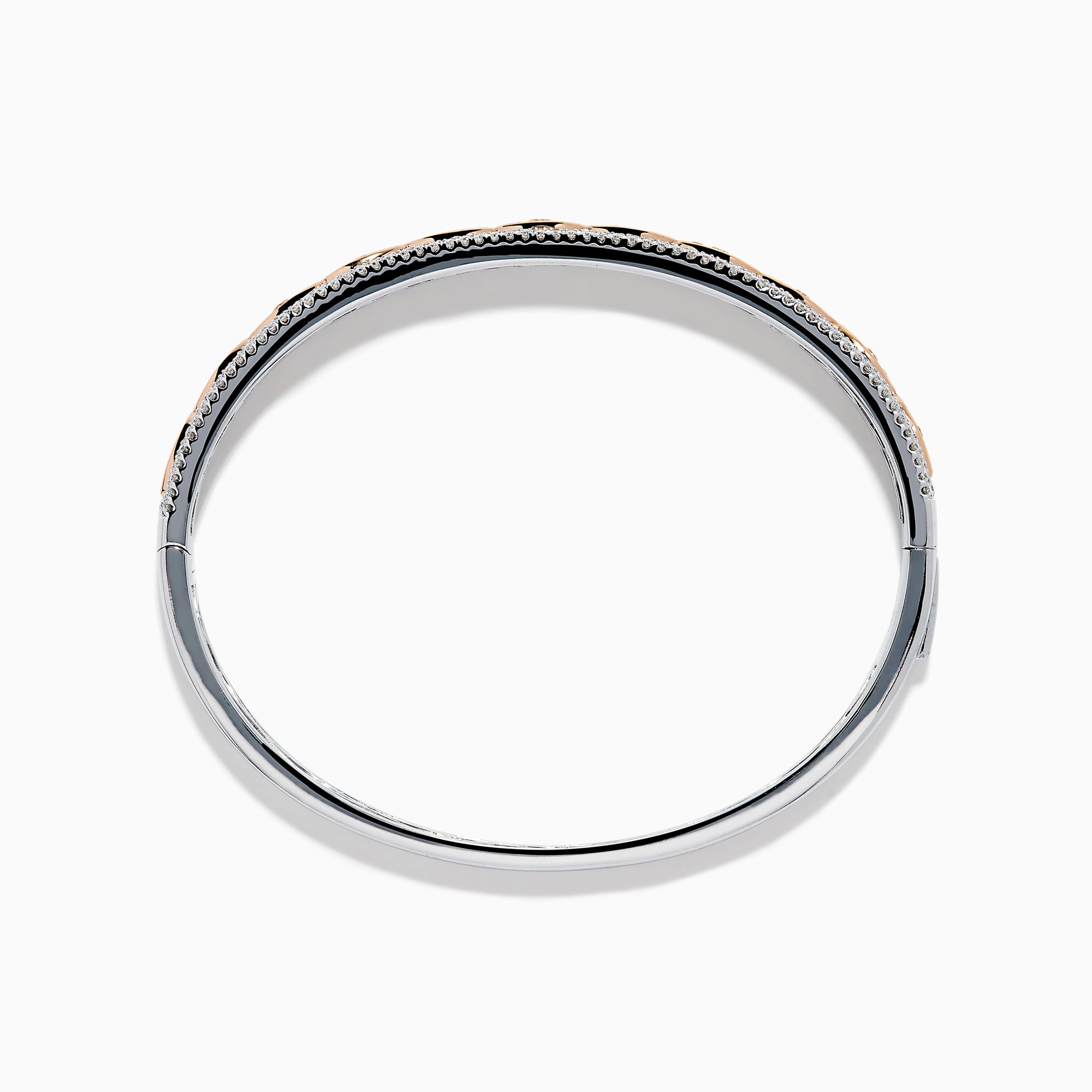 The 14K Two-Tone Gold Pink and White Diamond Bangle features marquise-shaped rose gold accents with pink gemstones, bordered by round white diamonds and an intricate inner openwork design.