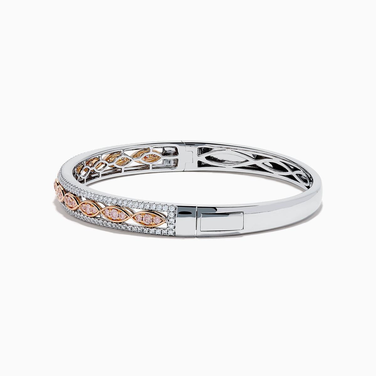 The 14K Two-Tone Gold Pink and White Diamond Bangle features marquise-shaped rose gold accents with pink gemstones, bordered by round white diamonds and an intricate inner openwork design.
