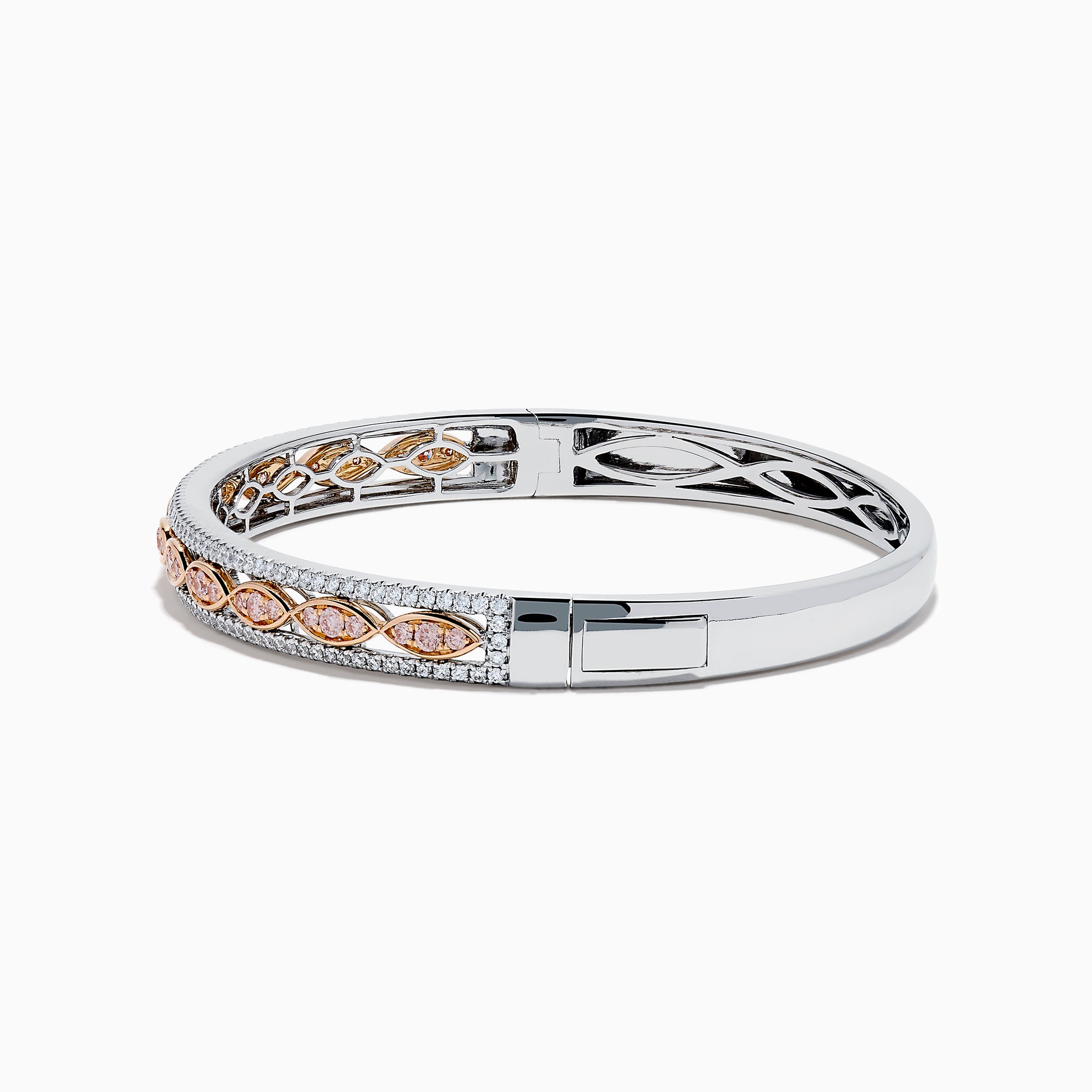 The 14K Two-Tone Gold Pink and White Diamond Bangle features marquise-shaped rose gold accents with pink gemstones, bordered by round white diamonds and an intricate inner openwork design.