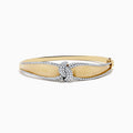 The Duo 14K White and Yellow Gold Diamond Bangle features a central knot design set with sparkling diamonds and bordered by diamond accents along the edges.