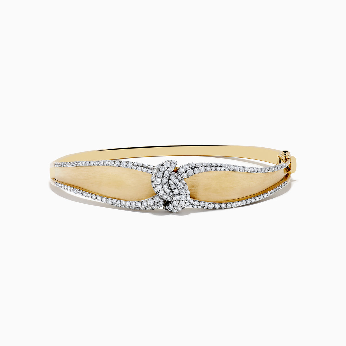 The Duo 14K White and Yellow Gold Diamond Bangle features a central knot design set with sparkling diamonds and bordered by diamond accents along the edges.