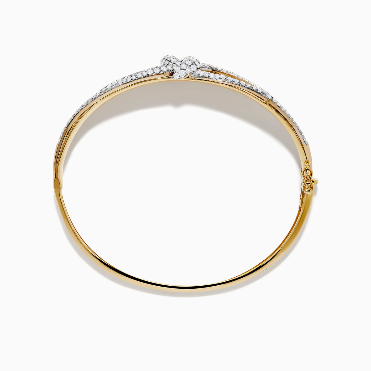 The Duo 14K White and Yellow Gold Diamond Bangle features a central knot design set with sparkling diamonds and bordered by diamond accents along the edges.