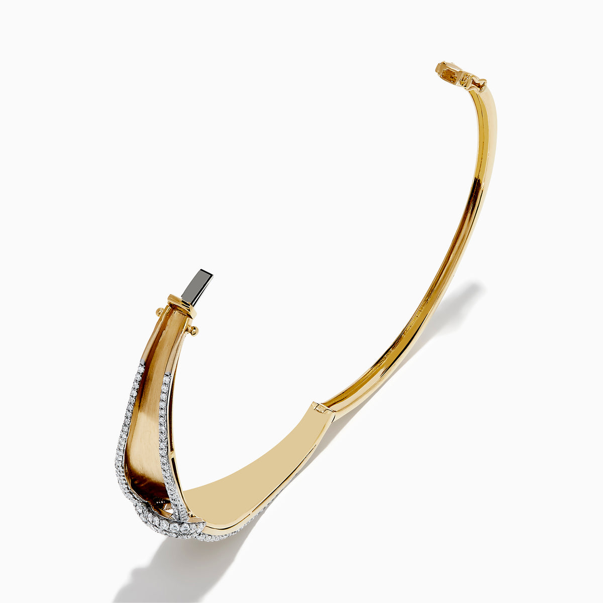 The Duo 14K White and Yellow Gold Diamond Bangle features a central knot design set with sparkling diamonds and bordered by diamond accents along the edges.
