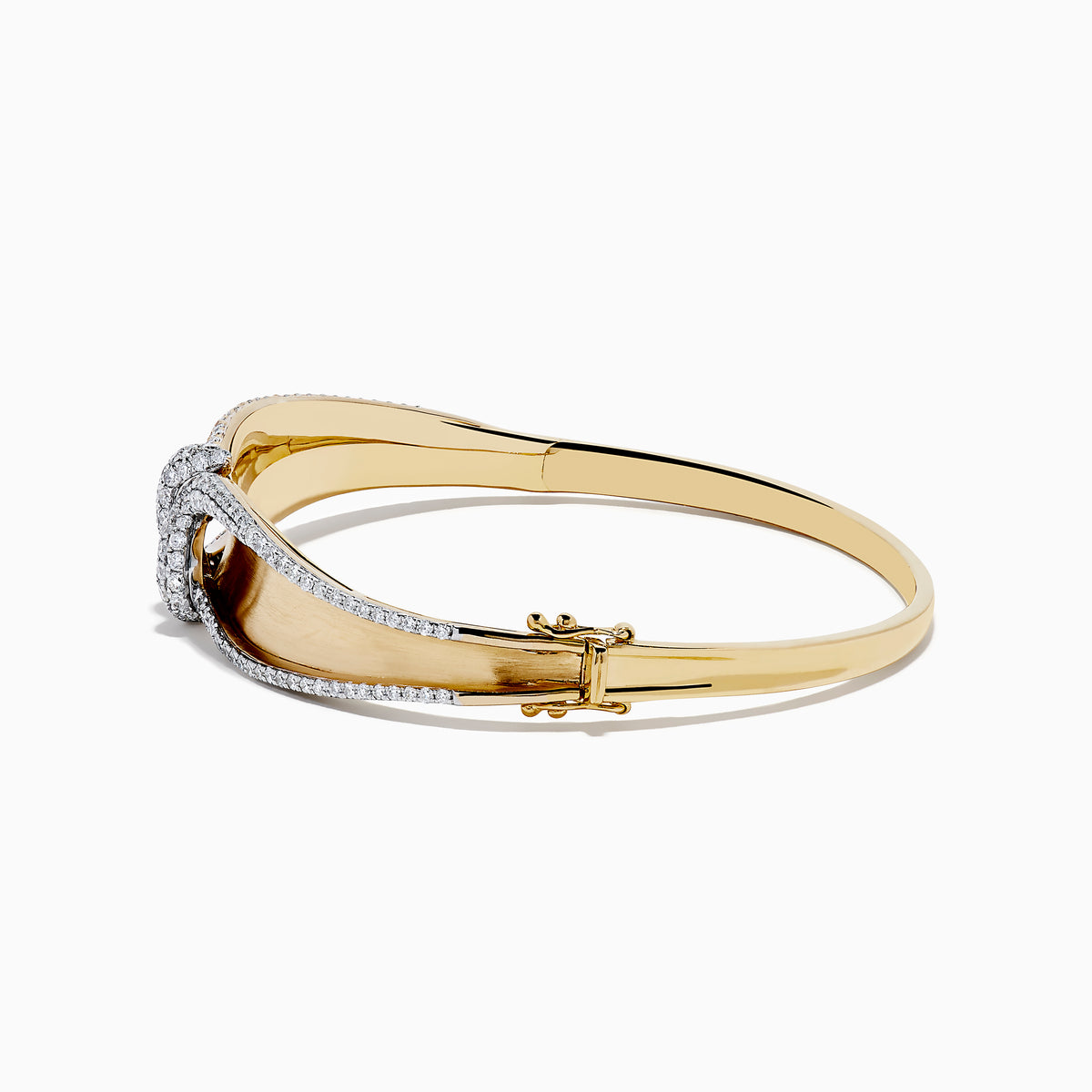 The Duo 14K White and Yellow Gold Diamond Bangle features a central knot design set with sparkling diamonds and bordered by diamond accents along the edges.