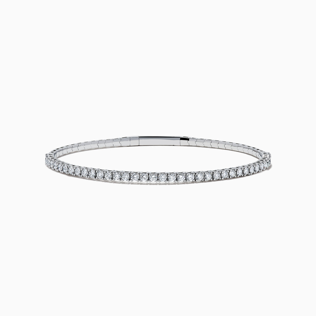 The Pave Classica 14K White Gold Diamond Bangle 1.45 TCW features a slim white gold design with a continuous row of sparkling diamonds, elegantly displayed against a plain white background.