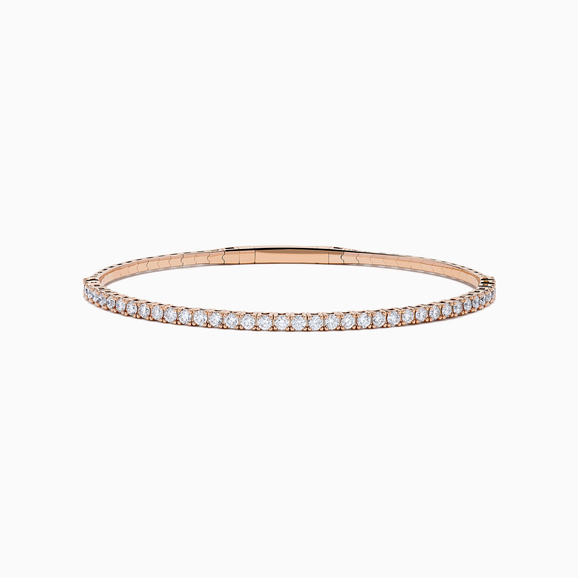 The Pave Rose 14K Rose Gold Diamond Bangle features a slim band adorned with a single row of sparkling white diamonds, set all around its circumference and shown on a white background.