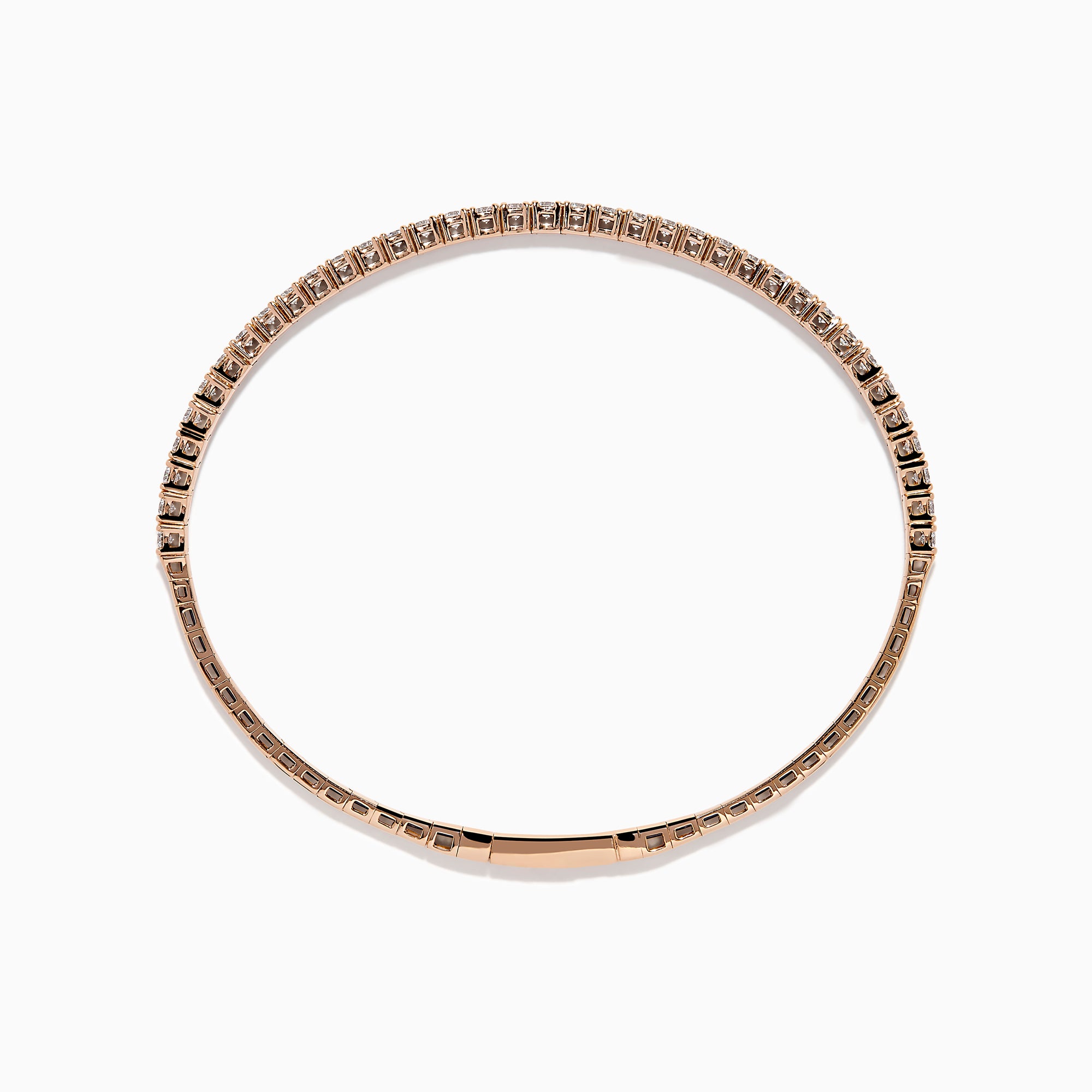 The Pave Rose 14K Rose Gold Diamond Bangle features a slim band adorned with a single row of sparkling white diamonds, set all around its circumference and shown on a white background.