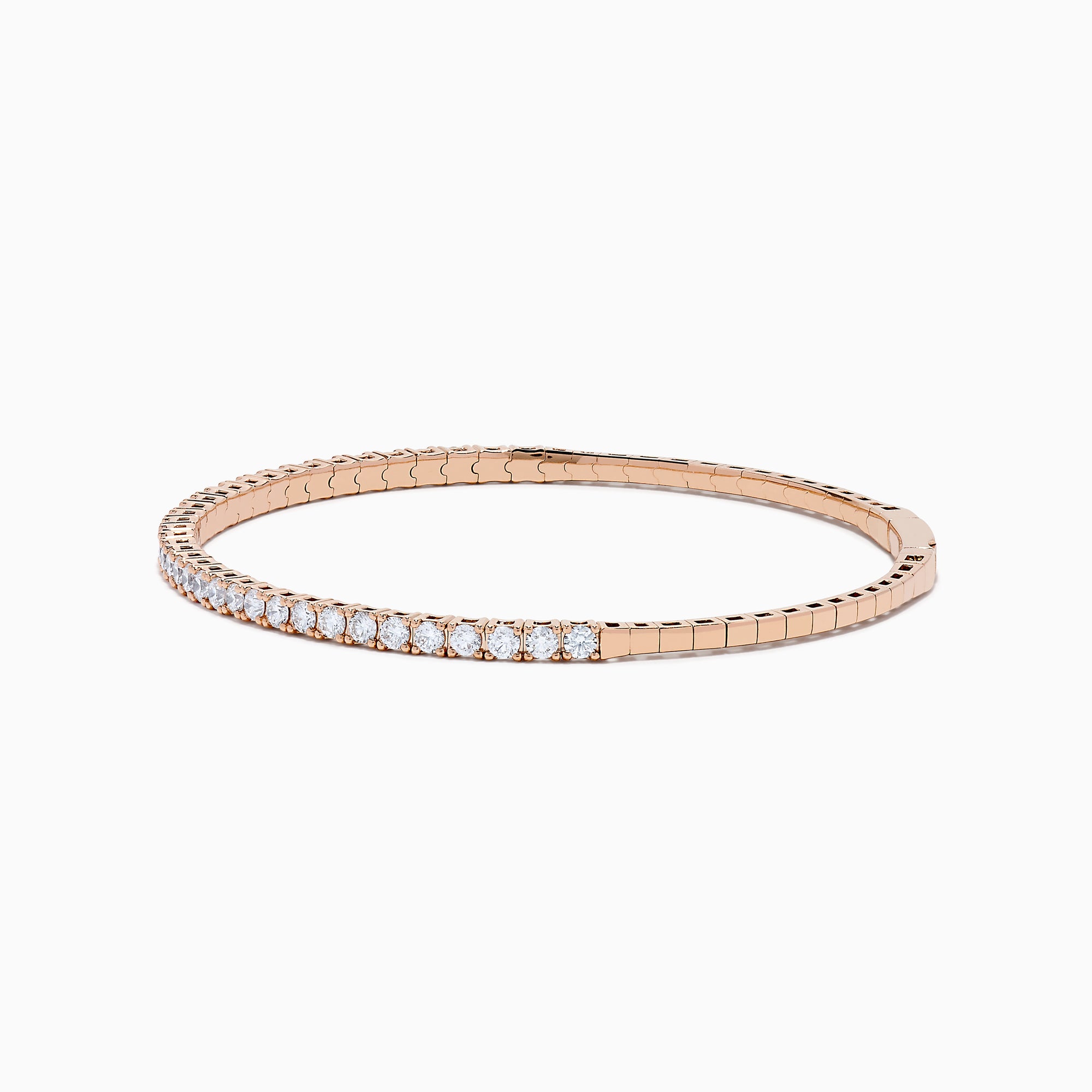 The Pave Rose 14K Rose Gold Diamond Bangle features a slim band adorned with a single row of sparkling white diamonds, set all around its circumference and shown on a white background.