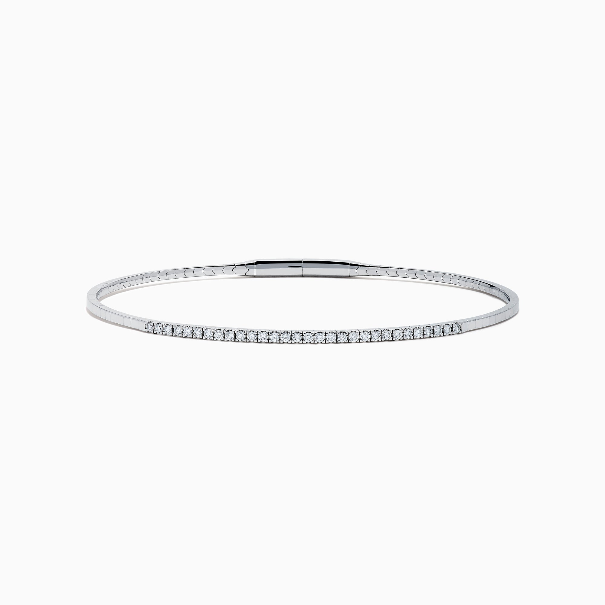 The Classique 14K White Gold Flexible Diamond Bangle features a sleek, minimalist design with a polished finish and a thin row of sparkling diamonds along the top half for effortless elegance.